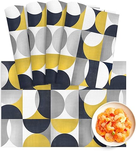 Juego de 4 manteles individuales geométricos amarillos y negros, lavables, de PVC para mesa de cocina, retro, de siglo medio del norte de Europa