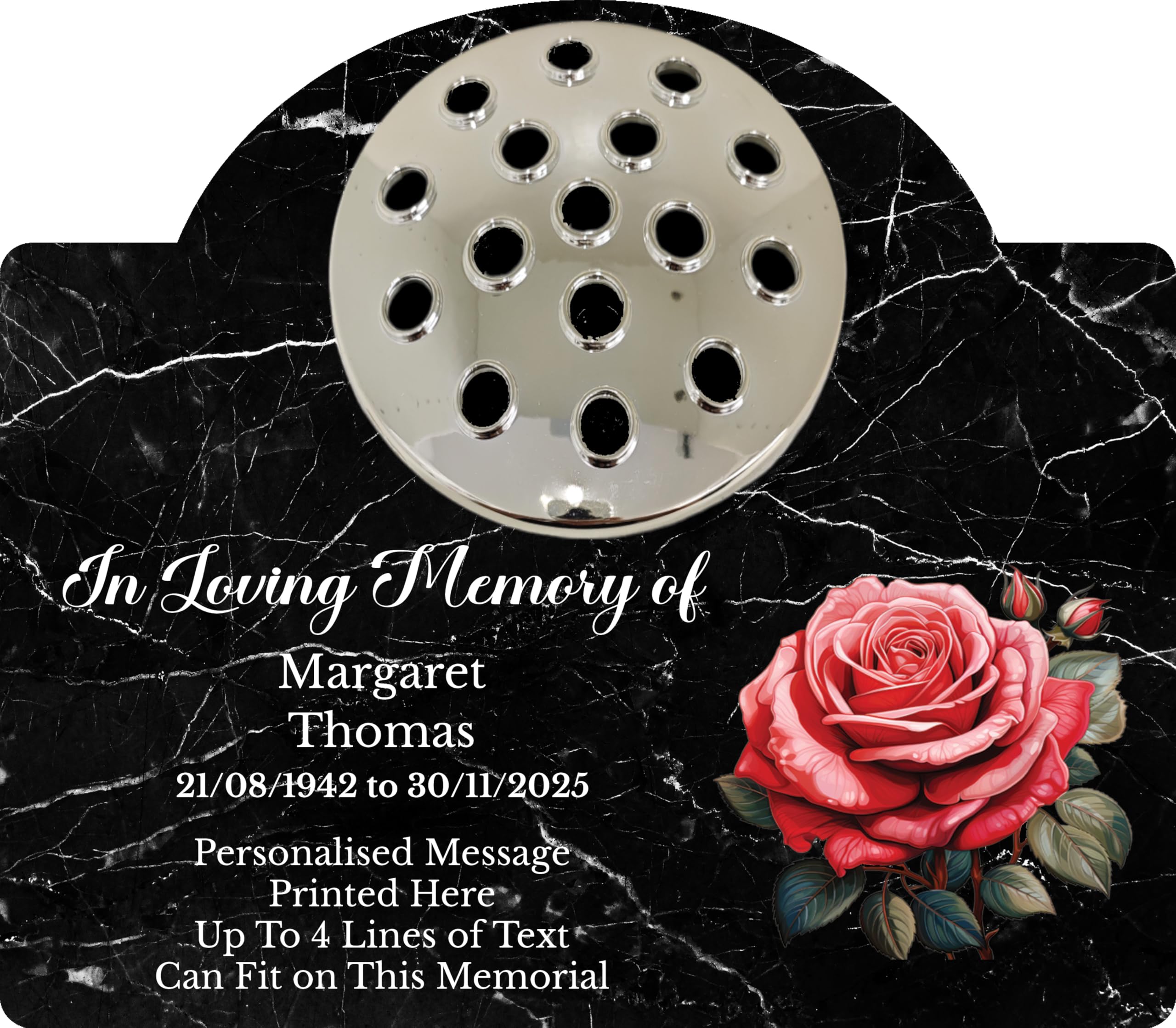 1stclassgifts Personalised Rose Design Metal Grave Stone Marker Headstone Memorial Plaque, In Memory Sign Remembrance Vase Flower Pot Grave (UV PRINTED) (Black Marble, Silver Lid)