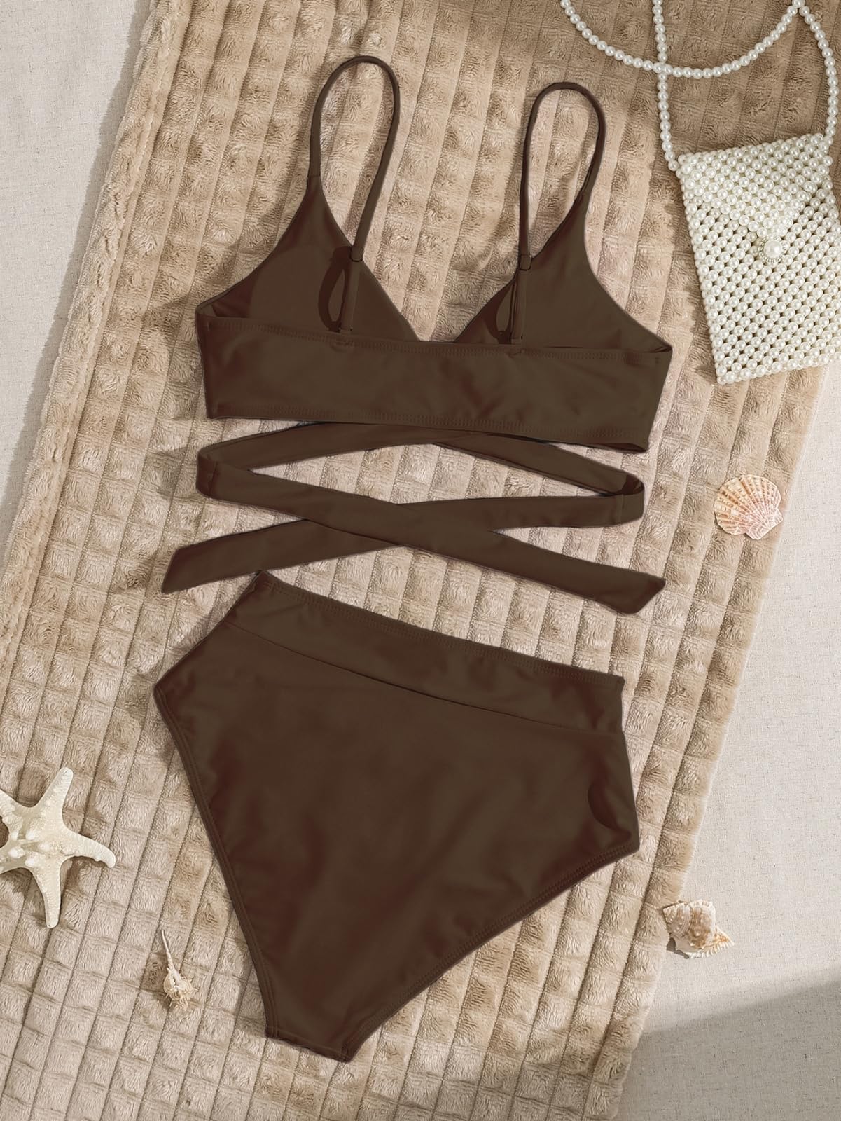 Bikini Mujer Mujeres Criss Cross Set Cintura Alta Traje De Baño Playa Dos Piezas-Chocolate-l