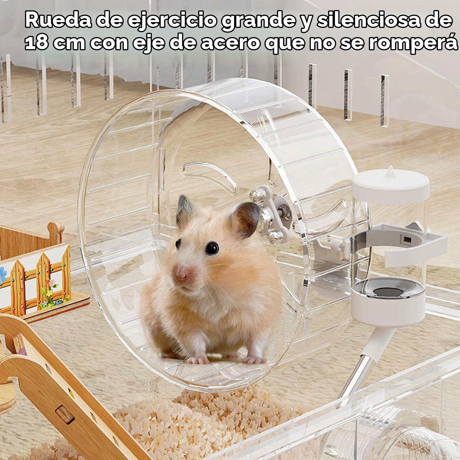 Jaula de hámster de acrílico con accesorios, jaula transparente para roedores de 45×30×33 cm con rueda, túnel, casa de madera, bebedero y cuenco para alimentos – Gran jaula para roedores pequeños para
