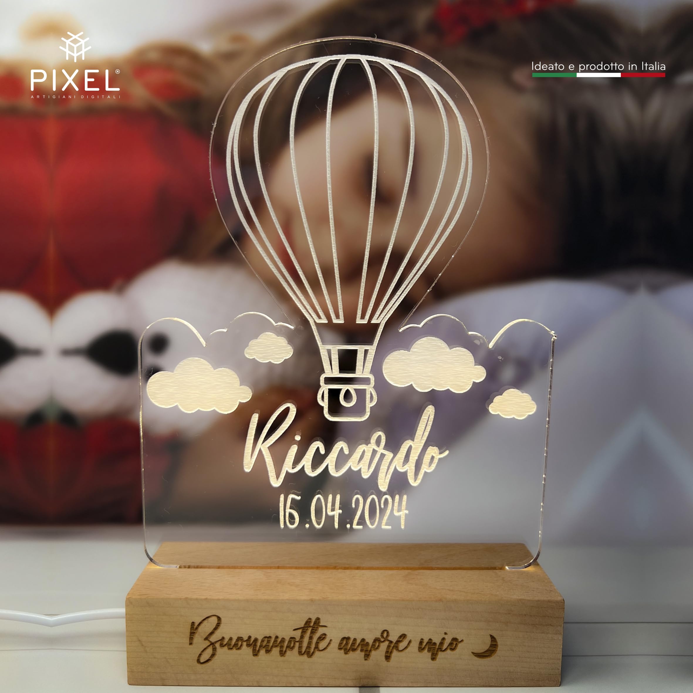 PIXEL® Lampada personalizzata con nome incisa 3d Luce notturna bambino bambina bambini neonato Idea regalo nascita bimbo bimba battesimo Regalo Natale neonati Personalizzato cameretta (Mongolfiera)