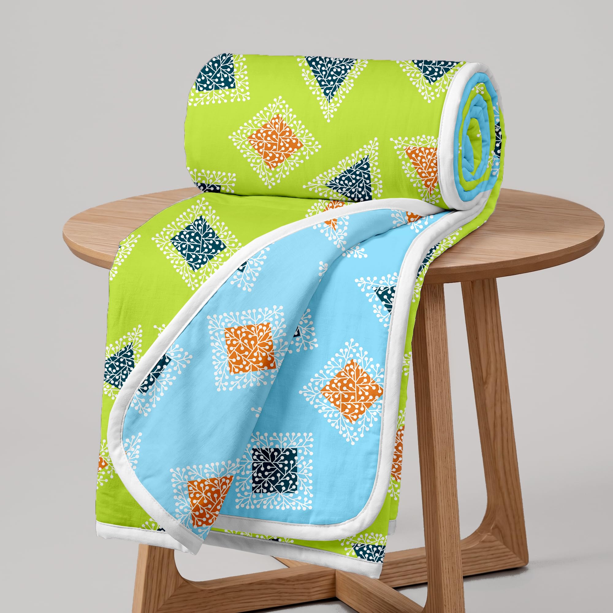 Divine Casa Reversible Single Bed Dohar | 120 GSM Microfiber Throw Blanket with Elegant Printed Design | Size 210 x 140 cm | Geometric | Sky Olive