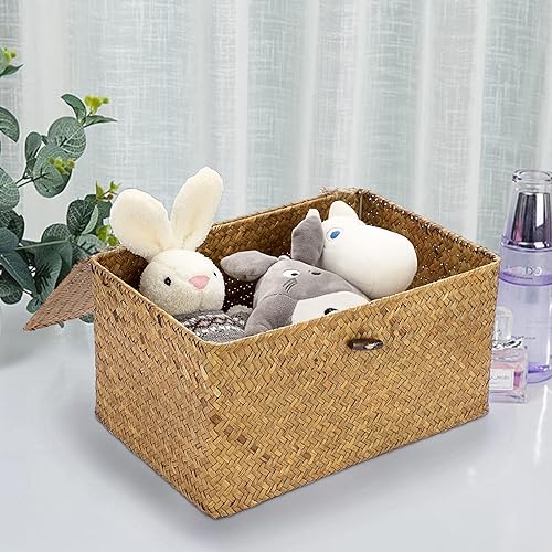 Miniatura 5 de Hipiwe Cestas de mimbre con tapa, canastas de hierba marina tejidas a mano, cestas rectangulares para el hogar, estantes y armarios, organizador del