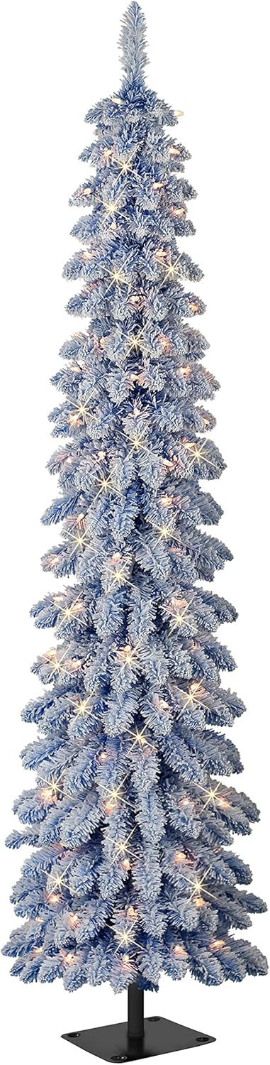 Puleo International 4 ft Pre-Lit Flocked Blue Artificial Alpine Pencil Tree