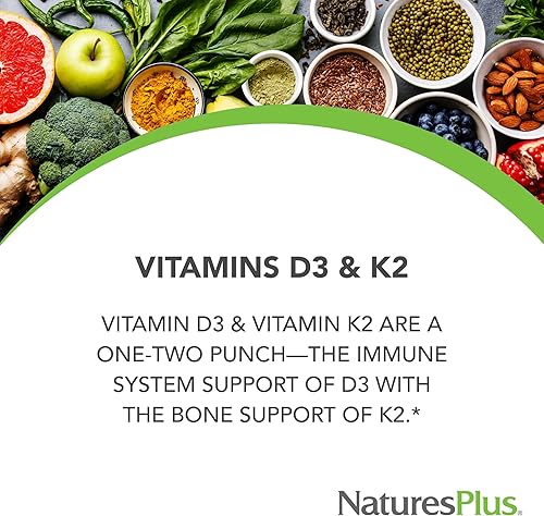 Miniatura 2 de Natures Plus Vitaminas D3 y K2-90 Tabletas - Promueve el apoyo óseo, la función inmunológica, la salud cardiovascular y el equilibrio del estado de