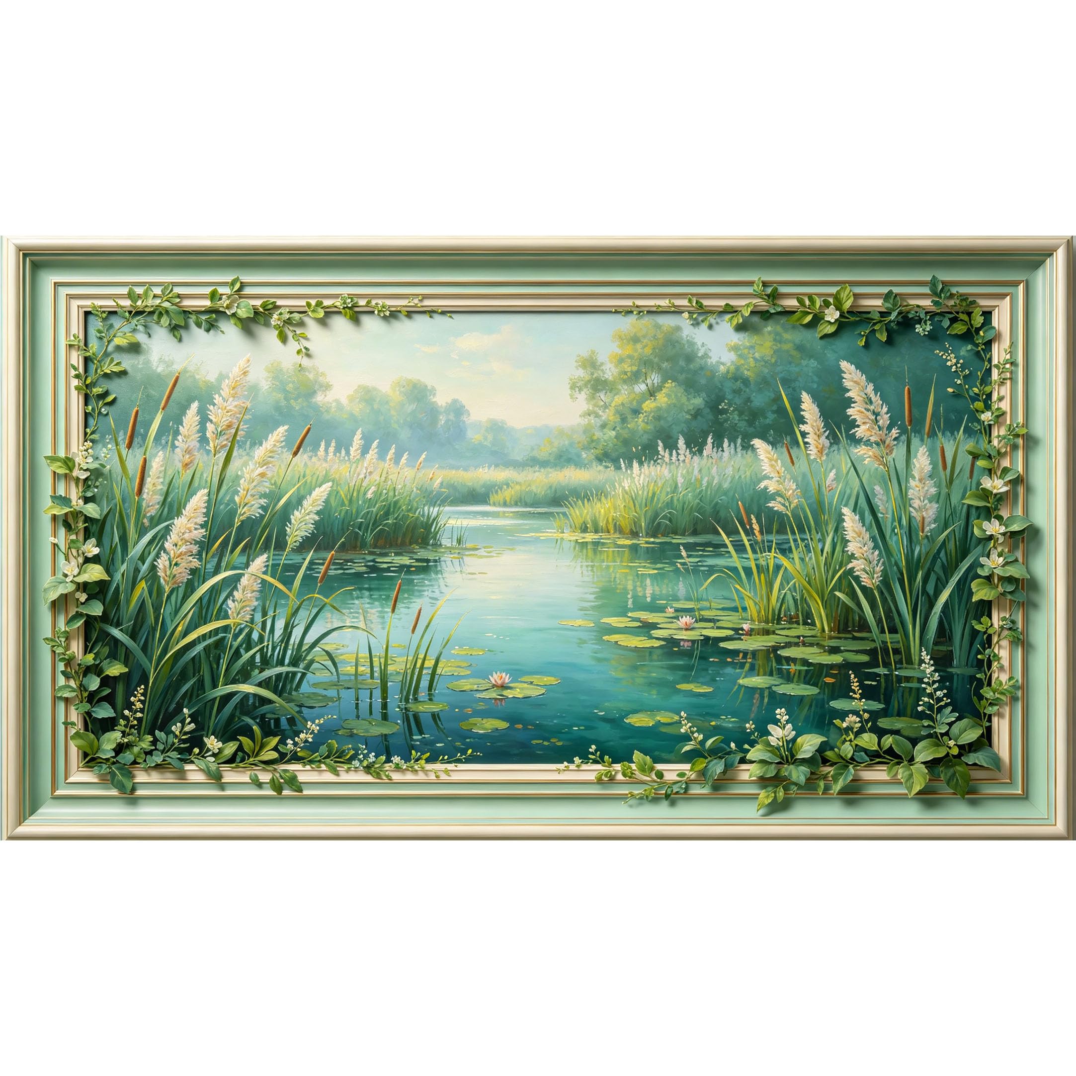 QZLITHOTIC 50x90cm3D Framed Wall Art， Botanical Lake Landscape Self‑Adhesive Mural， Water‑Activated Peel & Stick Fabric Decor Wall Decal for Bedroom Living Room