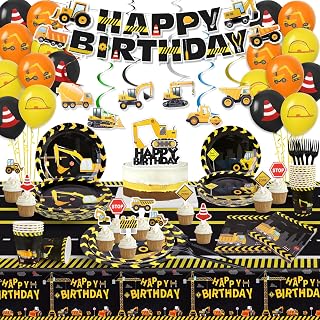171Pcs Construction Birthday Party Supplies Include Dump Truck Banners, Hanging Swirls, Balloons, Plates, Paper Cups, Napkins, Forks, Cake Toppers, Tablecloth, Construction Party Set for 24 Guests