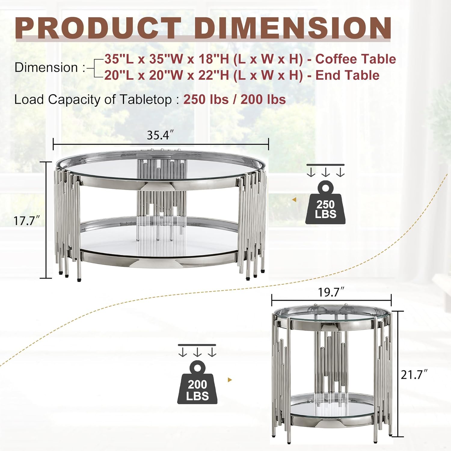 3 Piece Living Room Set, 1 Glass Coffee Table and 2 End Tables with 2 Tier Storage, Tempered Glass Top and Stainless Steel Frame, for Apartment, Living Room, Silver/Clear