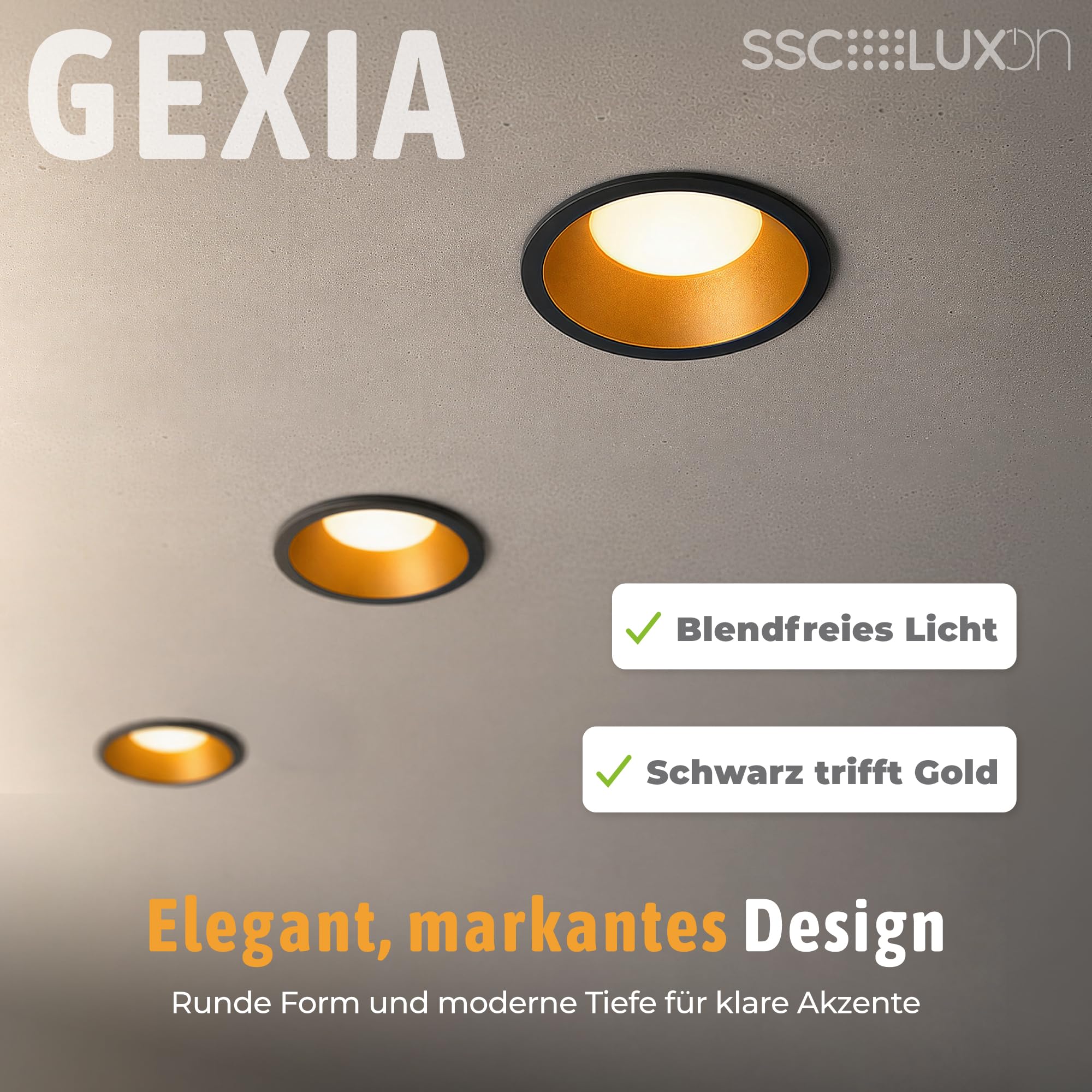 SSC-LUXon GEXIA 10 Stück Einbauspots schwarz gold Ø 110mm - Einbaustrahler rund GX53 ohne Leuchtmittel für Küche Flur Wohnzimmer