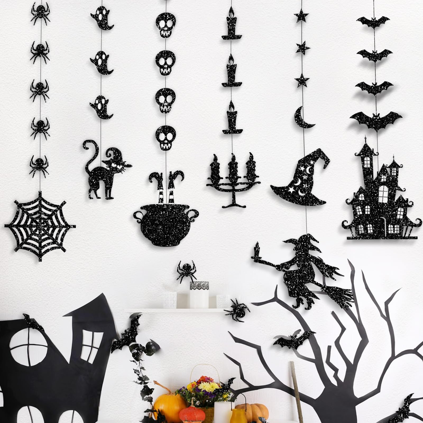Glitzernde schwarze Halloween-Girlande zum Aufhängen – Geister, Hexen, Fledermäuse, Spinnen, Spukhaus, Katze und mehr – Partyzubehör für den Innen- und Außenbereich für Gothic-Geburtstag, Zuhause,