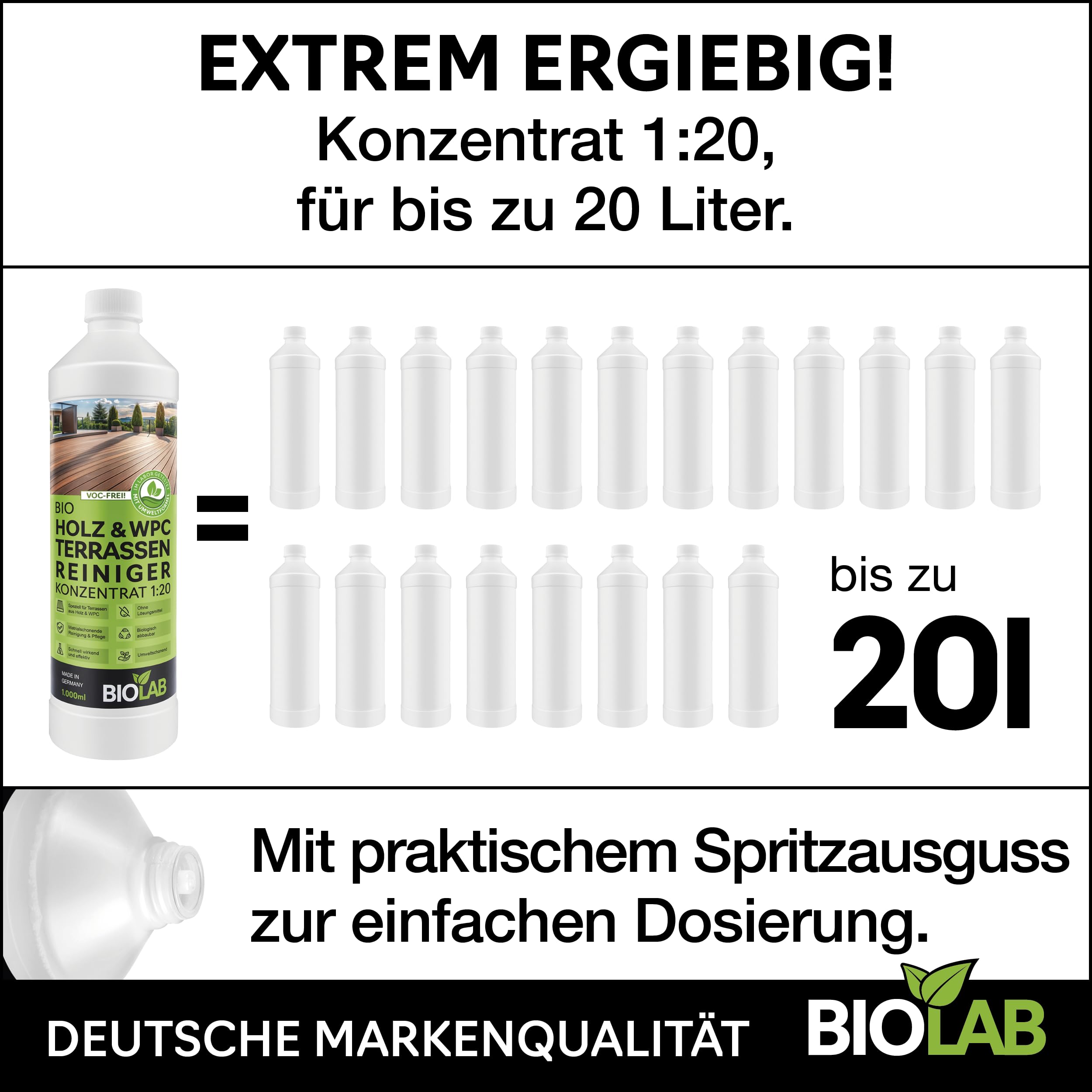 BIOLAB Holz & WPC Terrassen Reiniger Konzentrat 1:20 (2 x 1 Liter) Terrassenreiniger, Holzreiniger, WPC-Reinigungsmittel für den Boden der Terrasse oder Balkon