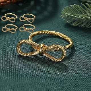 Decorative Napkin Rings Set of 4,Holders Decor Dinner Party,Wedding,Anniversary,Birthday,Table Decor Gift (Gold Bow)