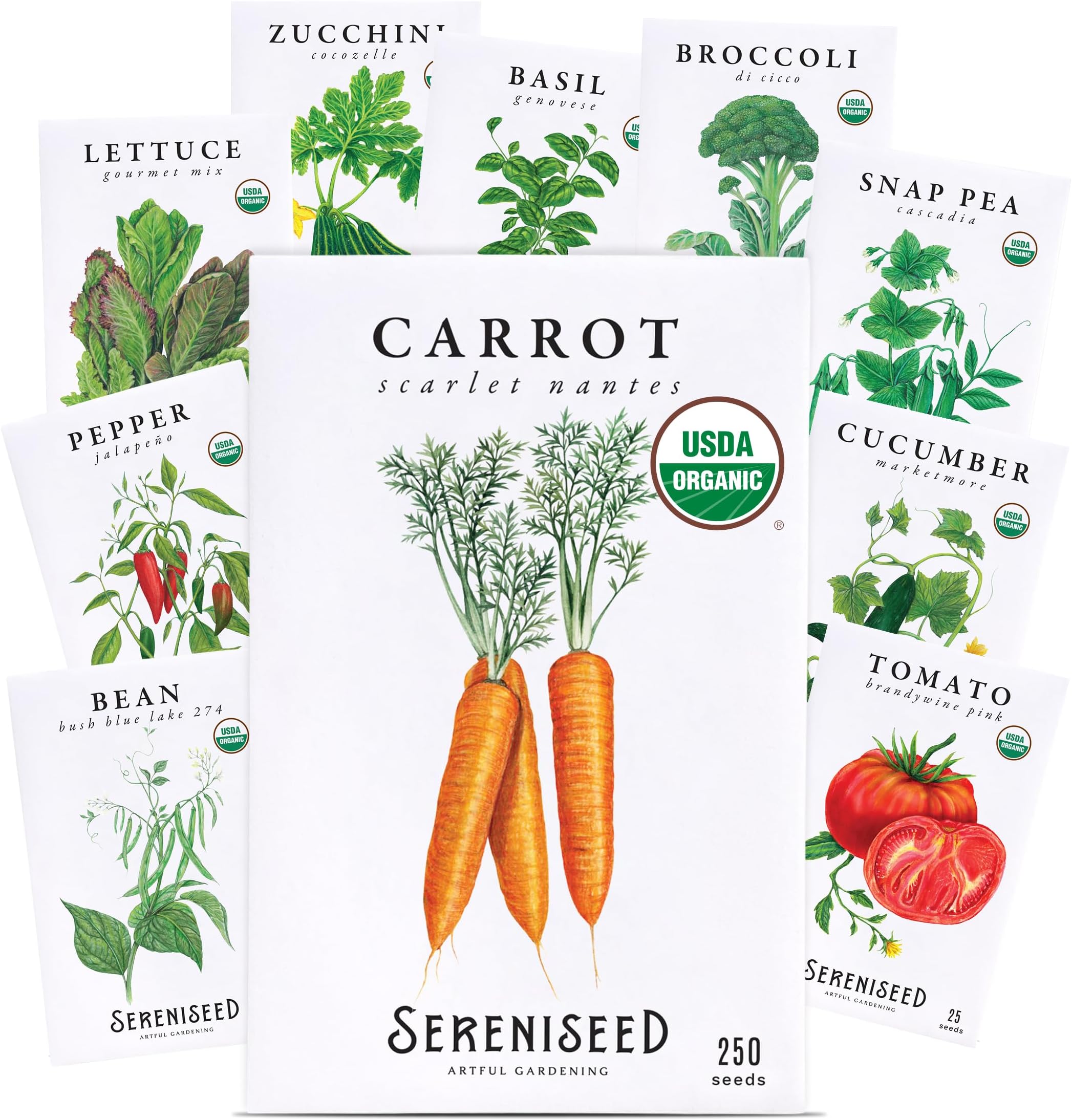 Sereniseed Certified Organic Vegetable Seeds (10-Pack) – Non GMO, Open Pollinated - Basil, Snap Pea, Broccoli, Bean, Jalapeno, Tomato, Lettuce, Cucumber, Carrot, Zucchini Seeds for Planting