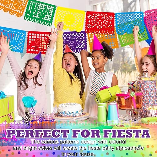 Miniatura 7 de Kinlop 30 pancartas de plástico para fiesta mexicana de 450 pies, pancarta de papel picado Dia De Los Muertos para fiesta, decoración del Día de los