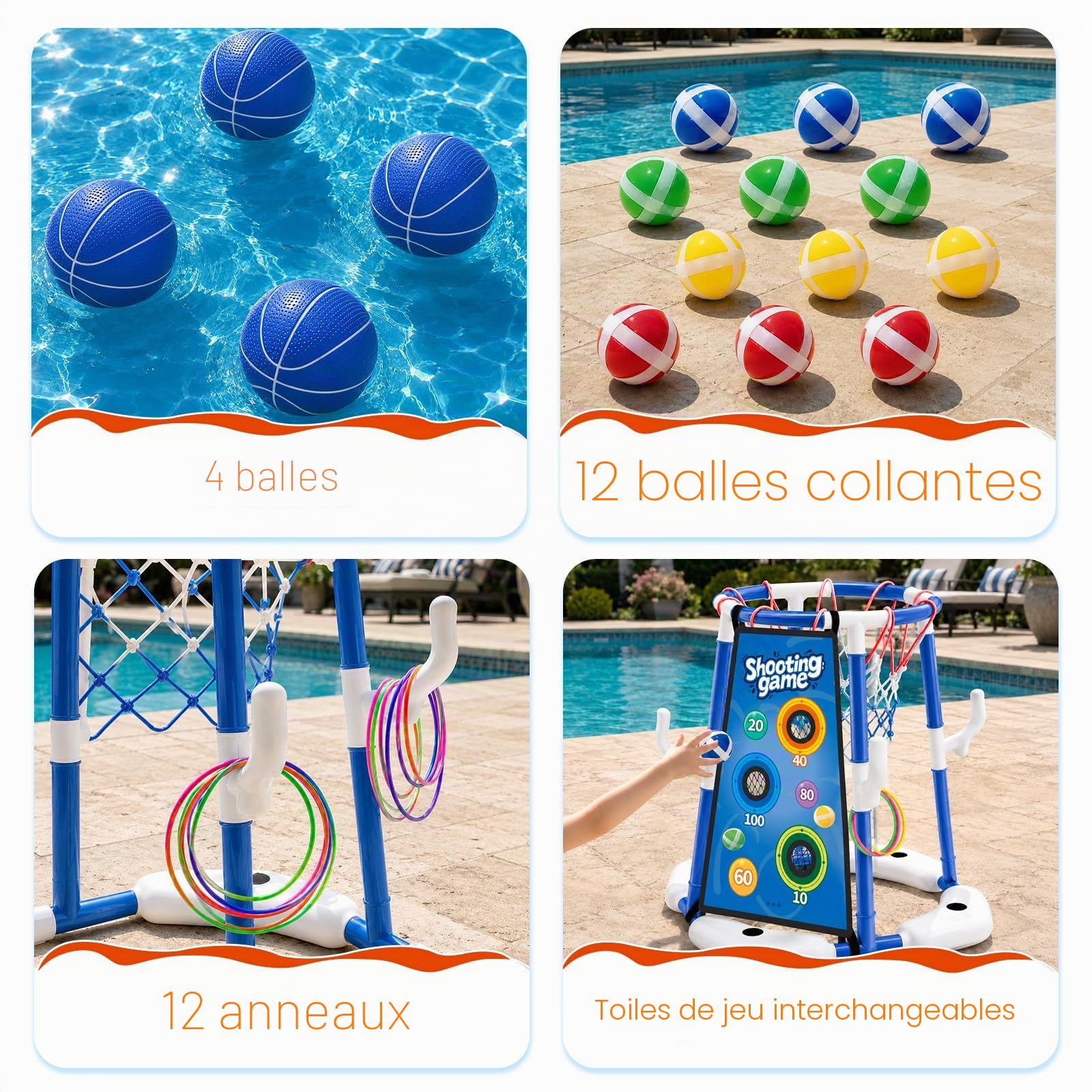 Panier de Basketball 3-en-1 pour Piscine en Plein Air, Panier de Basketball Flottant, Jouet de Piscine avec 4 Ballons de Basket, 12 Ballons de Lancer, 12 Anneaux, Jouet de Piscine pour Fête d’Hawaï