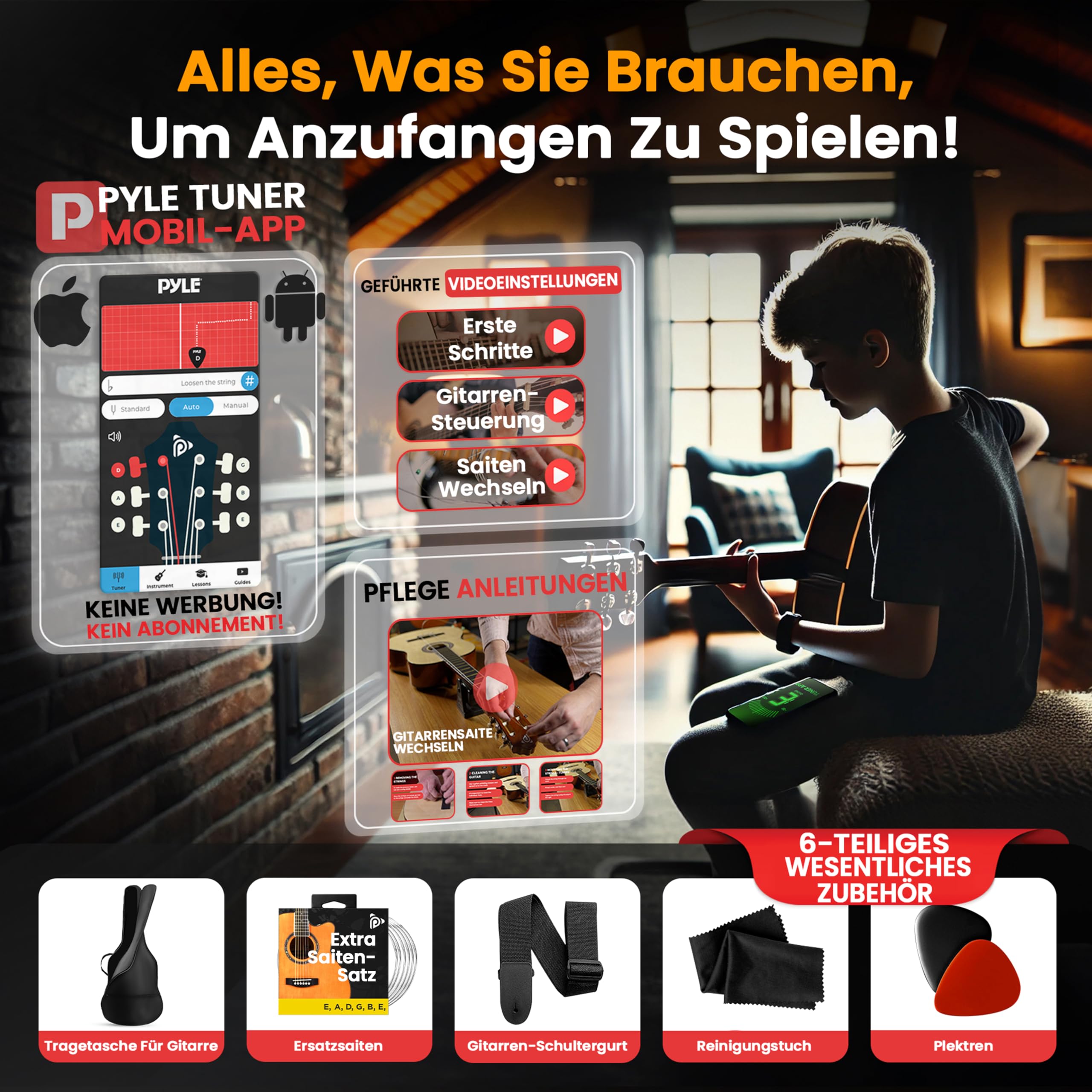 Pyle Akustikgitarre, Rechtshändig, 3/4 Größe, Orange