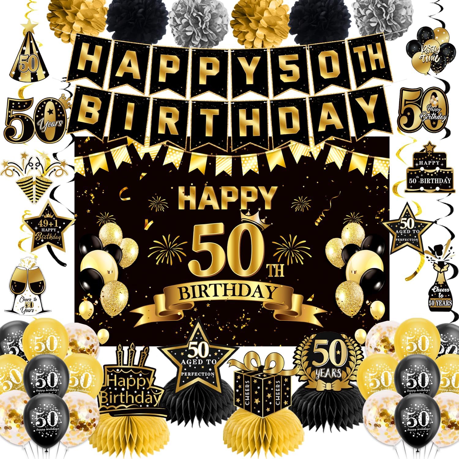50th Birthday Decorations, Pre-Strung Happy Birthday Banner with Balloons, Backdrop, Honeycomb Centerpieces, Hanging Swirl Streamers, Black Gold Happy Birthday Party Decorations for Men Women