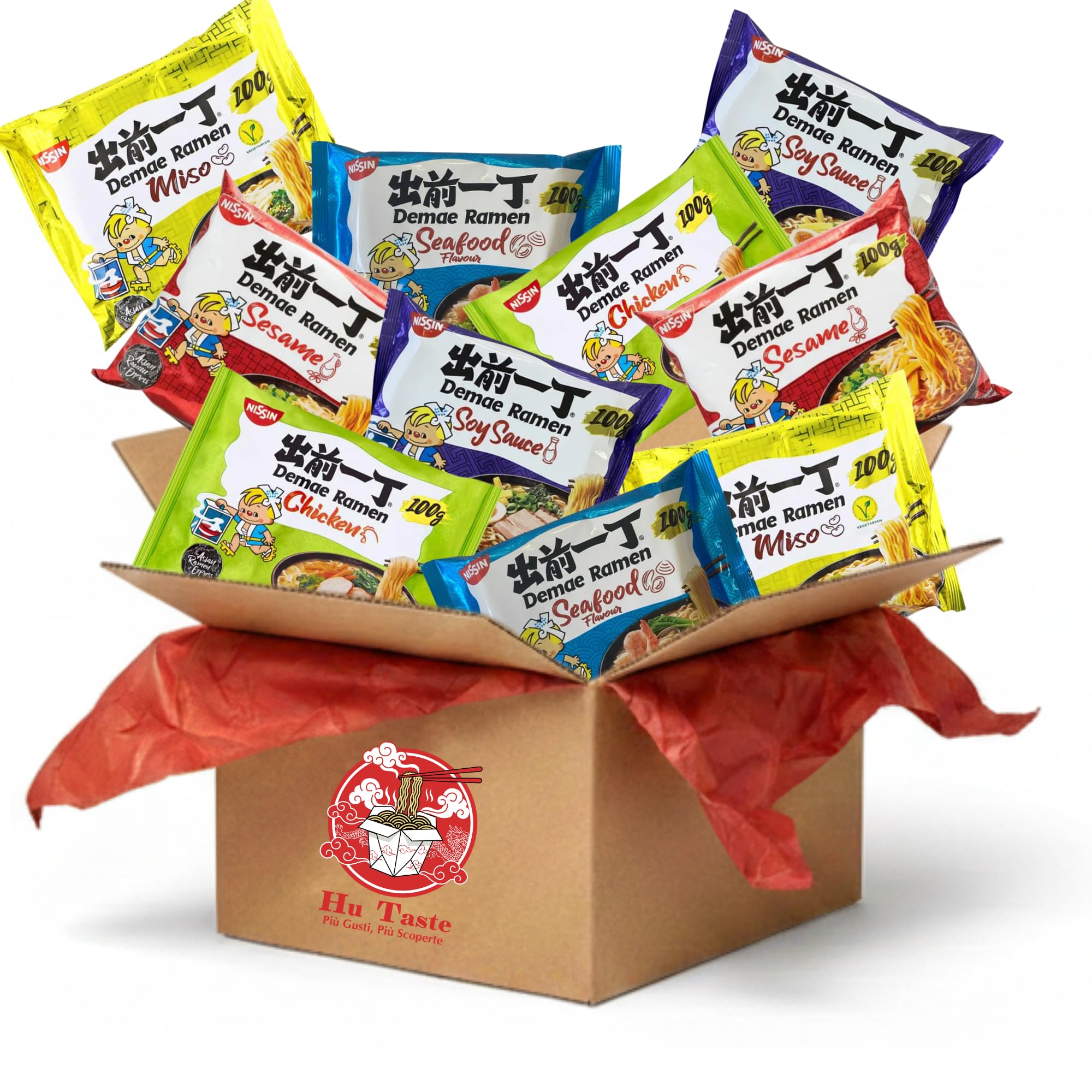 HU TASTE - Kit Ramen Giapponese: x10 Pacchi (Pollo, Miso, Frutti di mare, Sesamo, Salsa di soia)