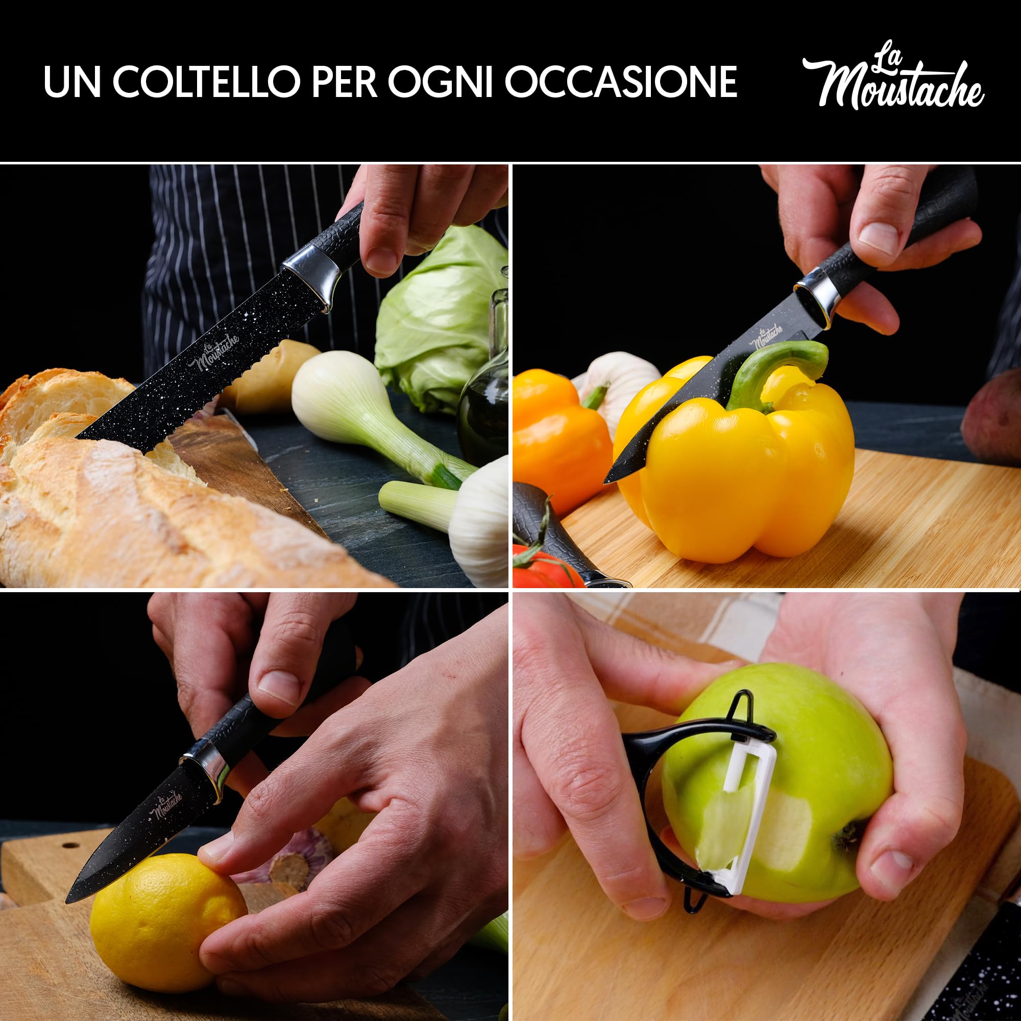 La Moustache - Set di Coltelli 7 Pezzi da Cucina Professionali, Inossidabile e Antiaderenti, Forbici, Pela Verdure, Coltelli da Chef per Pane e Carne, Ergonomici e Prova di Calore (Marmo)