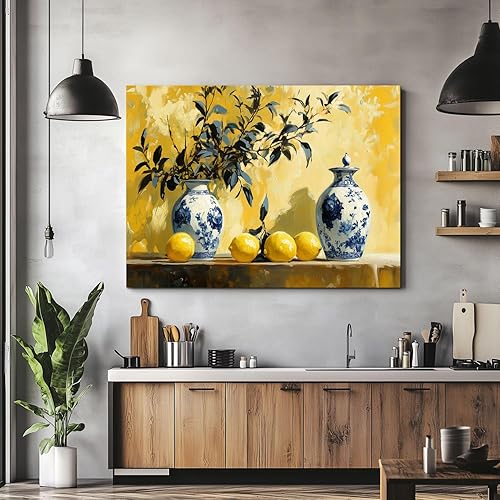 Miniatura 3 de Wewejia - Arte de pared de cocina vintage, cuadro de limón amarillo y flores, lienzo impreso rústico de comida de granja bodegón, sala de estar,
