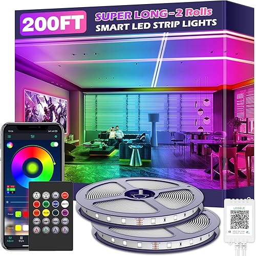Tira de luces LED de 200 pies, tiras de luz LED inteligentes largas con sincronización de música 5050 RGB que cambian de color, aplicación