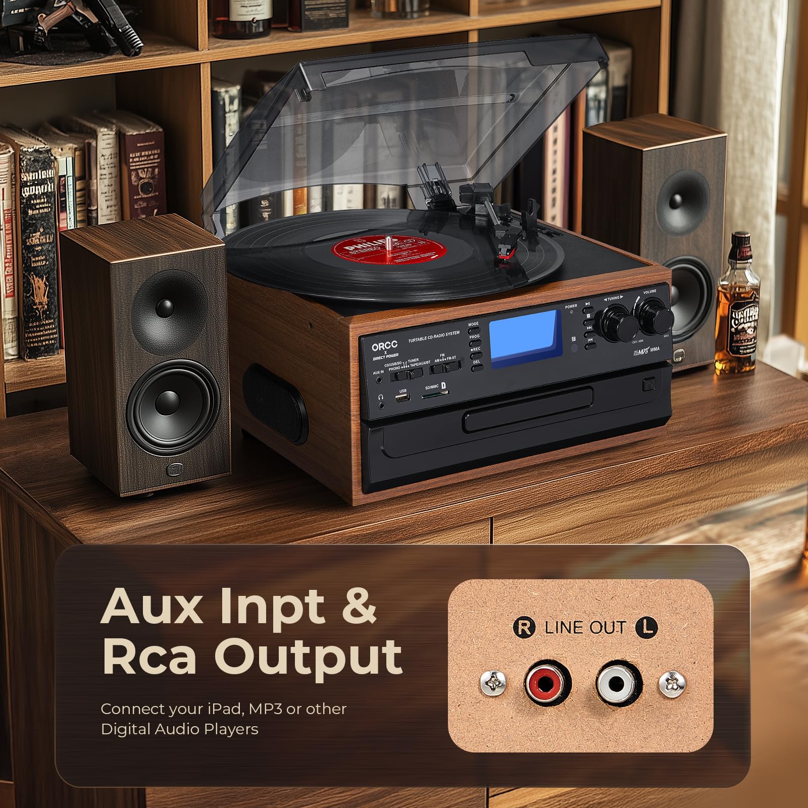 ORCC Giradischi 10 in 1, con carta regalo, giradischi in vinile per 33/45/78 giri/min, riproduzione e registrazione CD/USB/SD, Bluetooth e telecomando, radio FM/AM per gli amanti della musica, marrone