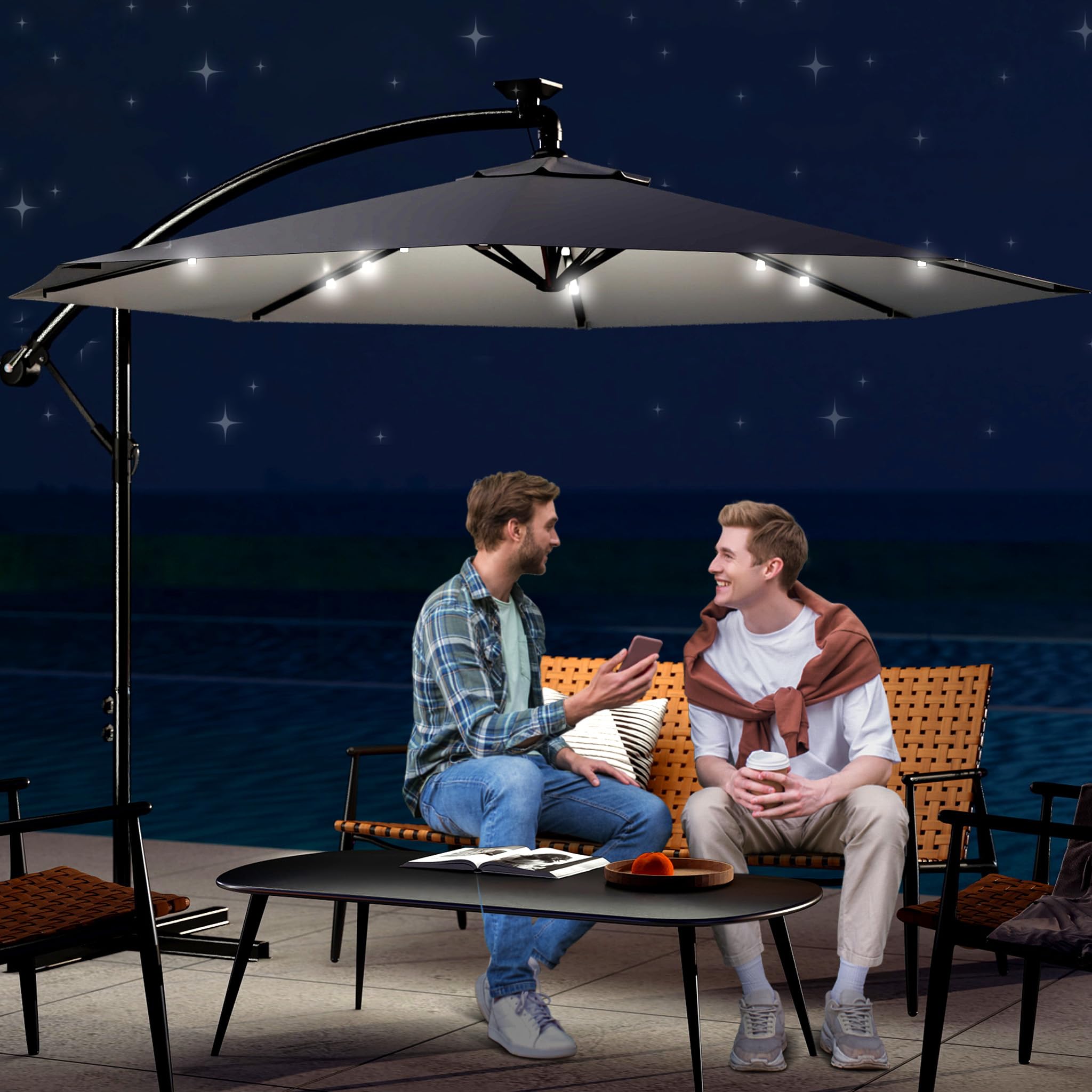 FIVMEN Solarny parasol przeciwsłoneczny LED, 300 cm, z korbą, aluminiowy, na balkon, ze stojakiem, ochrona przed promieniowaniem UV, taras, do ogrodu, na plażę, ciemnoszary