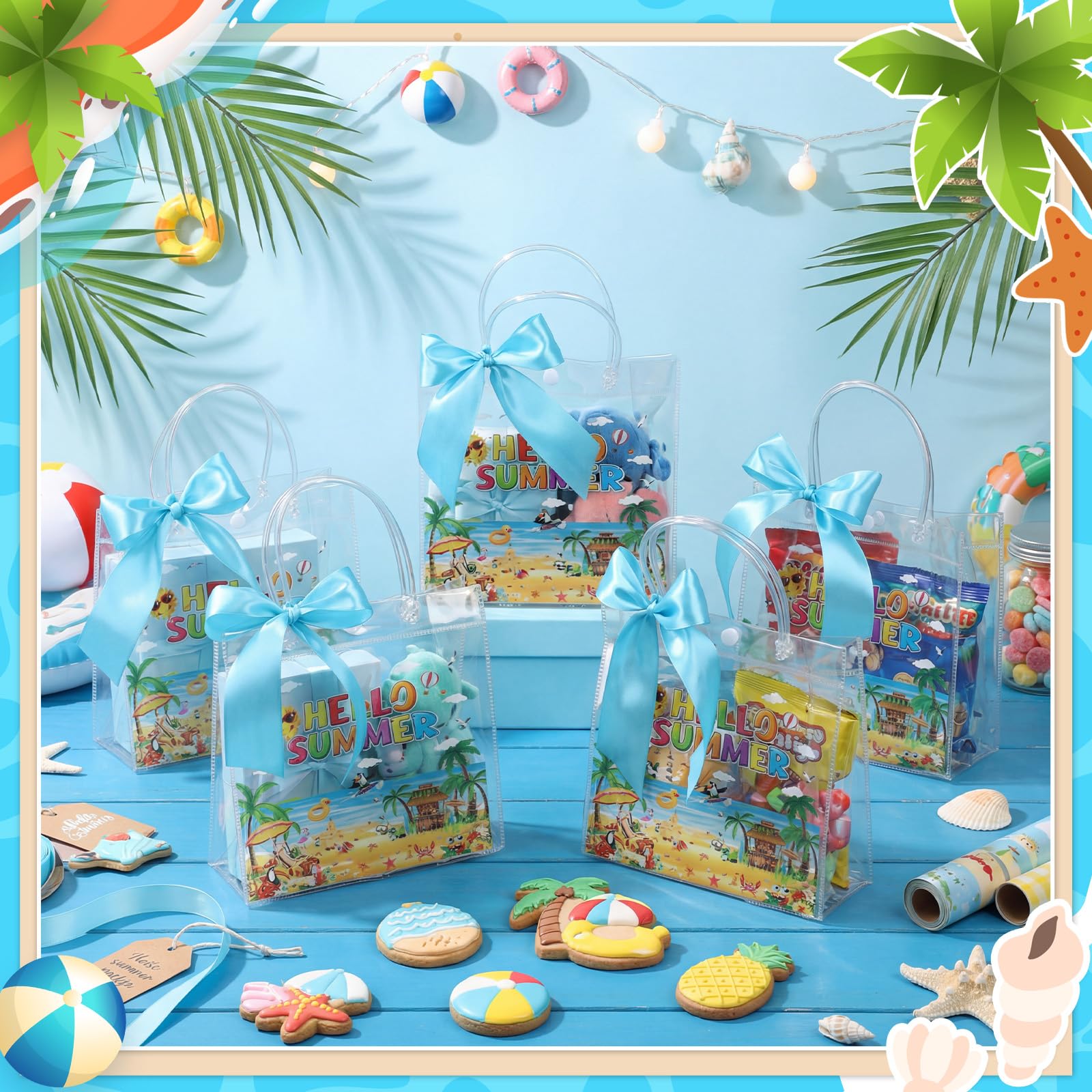 Tatuo 24 Pcs Hello Summer Gift Bags 7.9 x 3.2 x 7.9 Clear PVC Beach Bag with Handles Ribbon Bows Waterproof Goodie Candy Treat Tote for Summer Pool Beach Tropical Birthday Party Favors Supplies