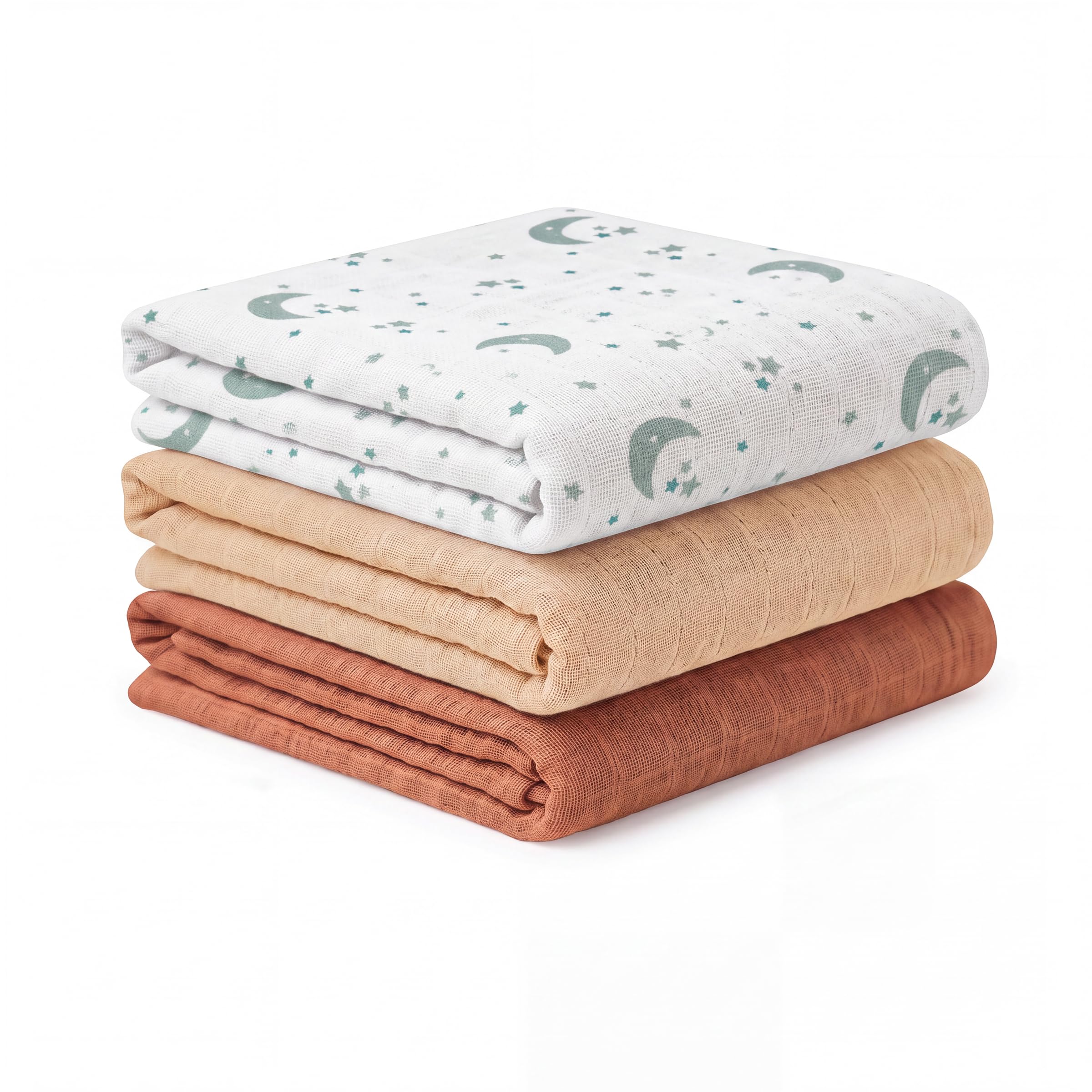 Baby Comfort Muslin Swaddle Cloths for Newborns 60 x 60 cm, Pack of 3 Muslin Blankets, Blanket Burp Cloths, Swaddle Cloth Essential Items (1 x Moon & Stars, 1 x Sand Beige, 1 x Brown)