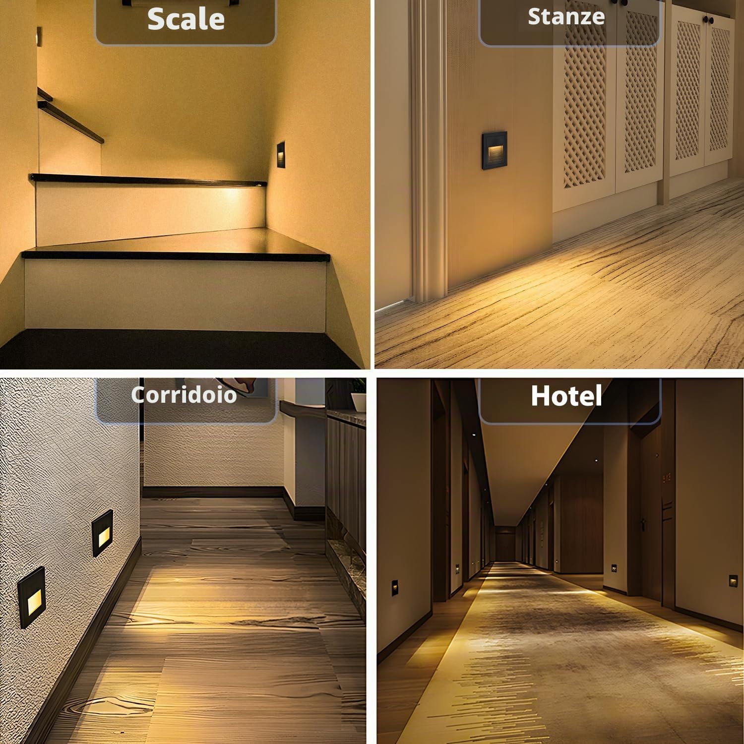 Arotelicht 8er 3W LED Illuminazione per scale Applique da parete 230 V Bianco caldo Interno Angolare Alluminio Incasso IP44 Nero