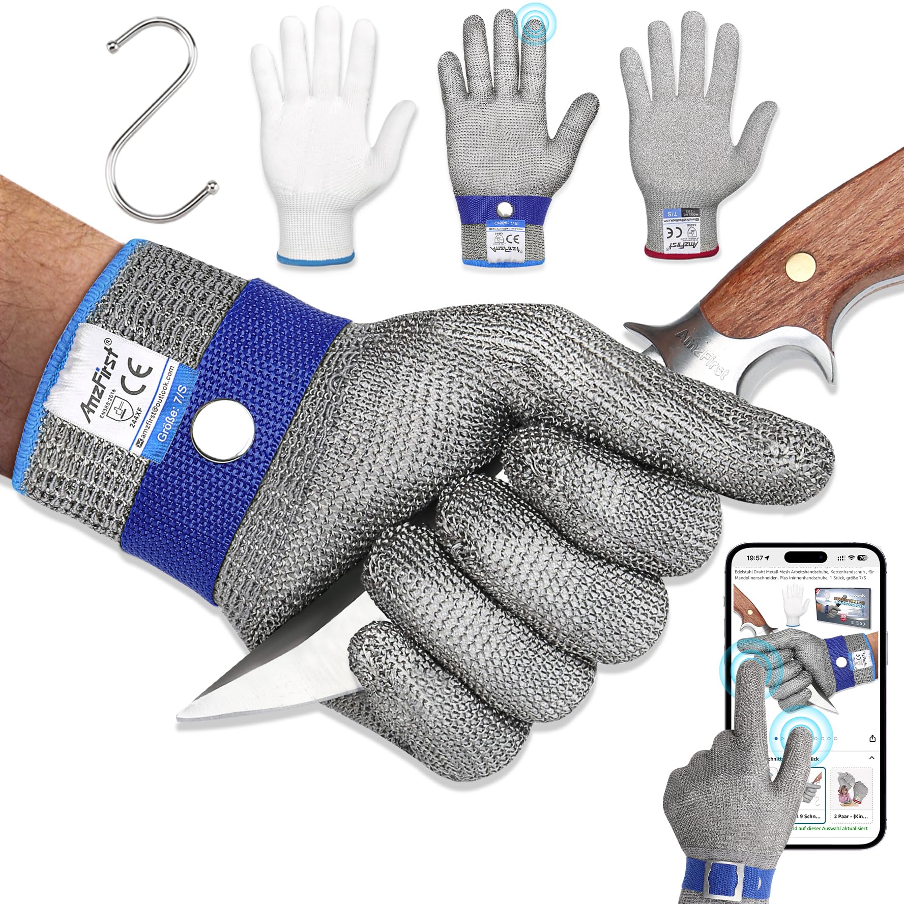 AmzFirst Schnittschutzhandschuhe küche, Leistungsfähiger Level 9 Schutz, Touchscreen Edelstahl Draht Metall Mesh Arbeitshandschuhe, Kettenhandschuh, 