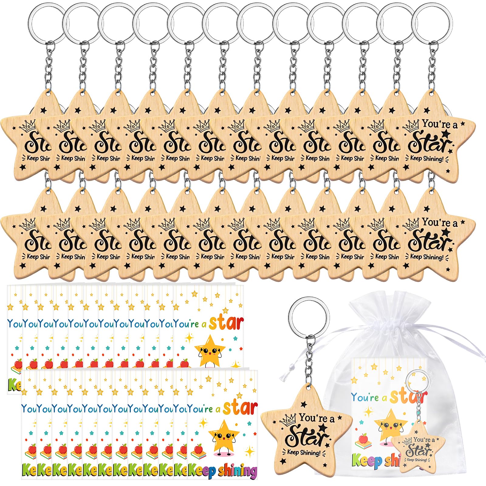 Huiboome 24Sets End Of Term Gifts for Children School Leaver of 2026 Class Star Keyring Gifts for Students with You're a Star Card and Organza Bags Star Keep Shining End of Year Gift from Teacher