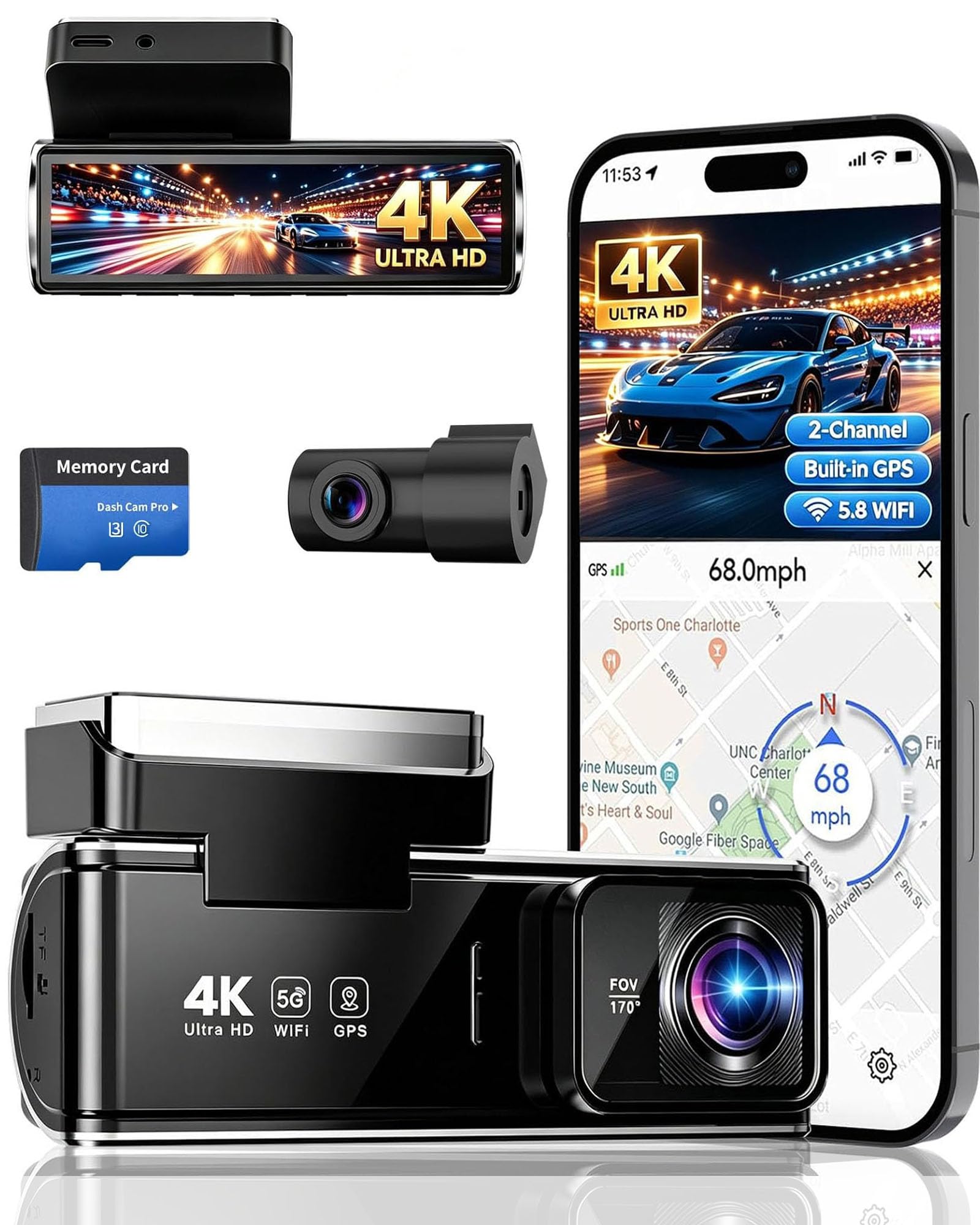 4k dual dash cam front and rear,night vision,free card included | 4k front + fhd rear rcording, 5.8ghz wifi, gps, 3.5" ips screen, 170° wide angle, g-sensor ,24-hr parking mode