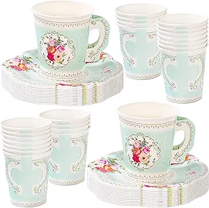 Talking Tables TS6-CUPSET Disposable Truly Scrumptious Party Vintage Floral Tea Cups and Saucer Sets, Mint Green