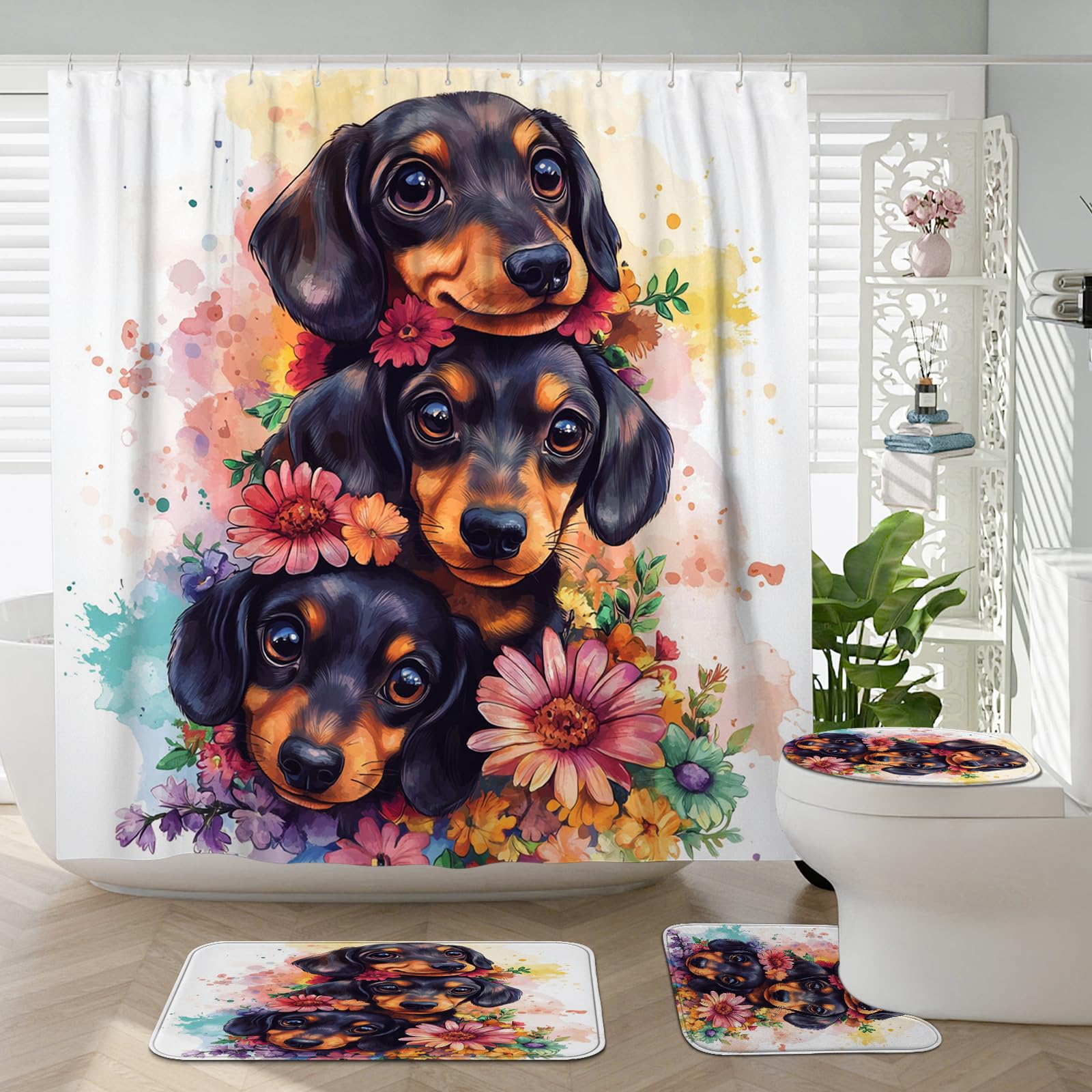 4PCS Spring Funny Dachshund Dog Bathroom Accessory Sets with Non-Slip Rug, U Shape and Toilet Lid Cover Mat, Fun Flower Floral Bathroom Fabric Decor-72''x72''