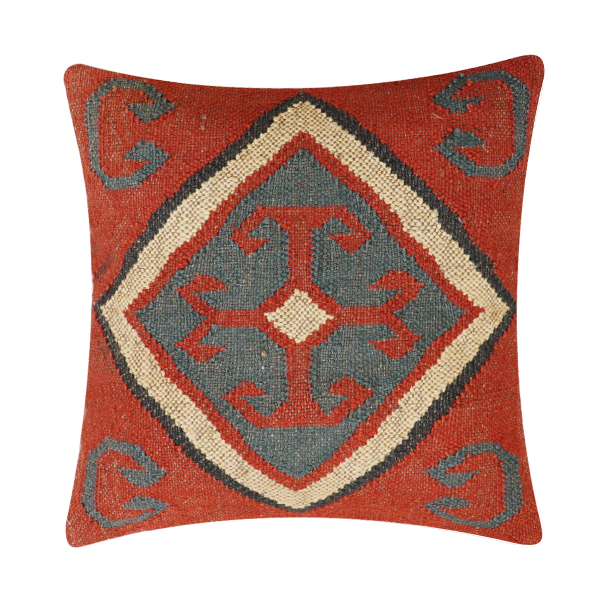INDACORIFY Funda de cojín de Yute de Lana India Tejida a Mano de 18.0 x 18.0 in, Funda de Almohada Kilim Decorativa para Exteriores, Fundas de Almohada Bohemias para decoración del hogar