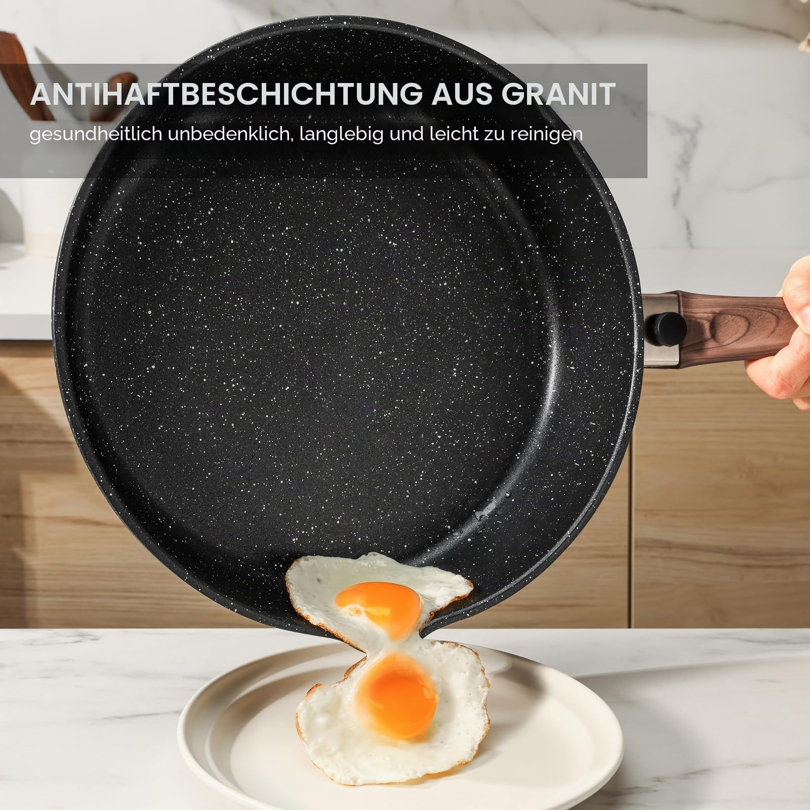 Kordisen Antihaft-Bratpfanne mit Deckel, 28 cm Induktion Sautepfanne mit Abnehmbarem Holzgriff, Granitsteinbeschichtung zum Kochen, Kompatibel für alle Herdarten, PFOA-frei