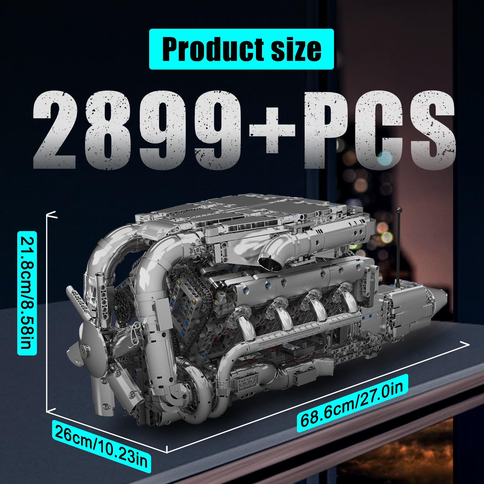 Mould King 10168 Technik V8 Motor, 2899 Teile High-Tech Doppel-Turbo-Motor Modell, Groß V8-Zylinder Motorblock Klemmbausteine Bauset