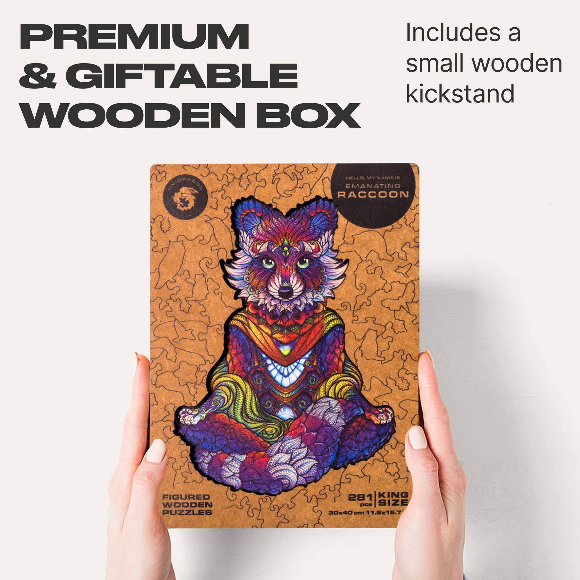 UNIDRAGON Original Wooden Puzzle – Emancipatory Raccoon, 281 Pieces, Large Size 30 x 40 cm, Beautiful Gift Packaging, Unique Shape, Best Gift for Adults