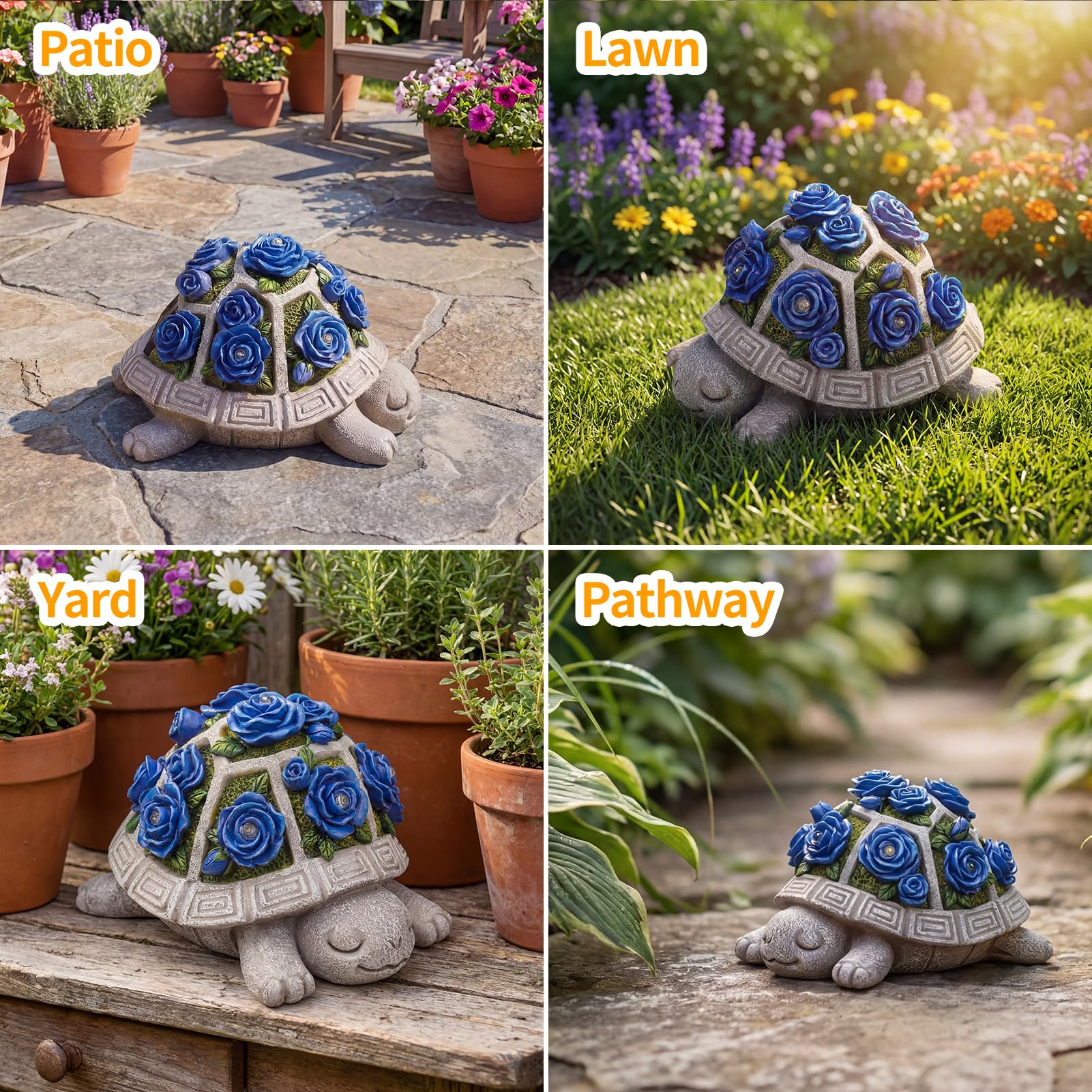 Solar Garden Outdoor Decor Turtle Statue, Dark Blue Roses & 7 LED Lights view 5