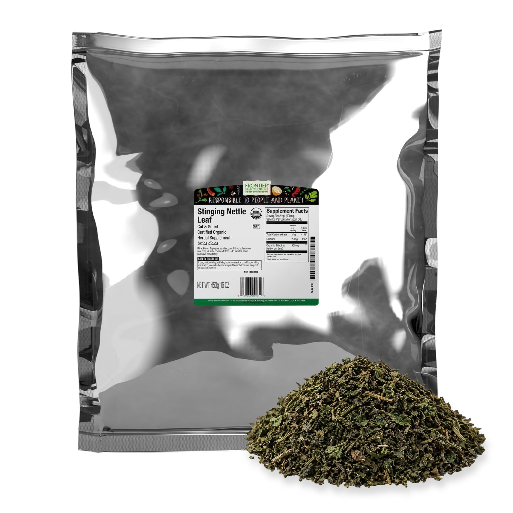 Frontier Co-op Organic Stinging Nettle Leaf, Cut and Sifted, for Making Nettle Tea, Kosher | 16 Ounce (Pack of 2)
