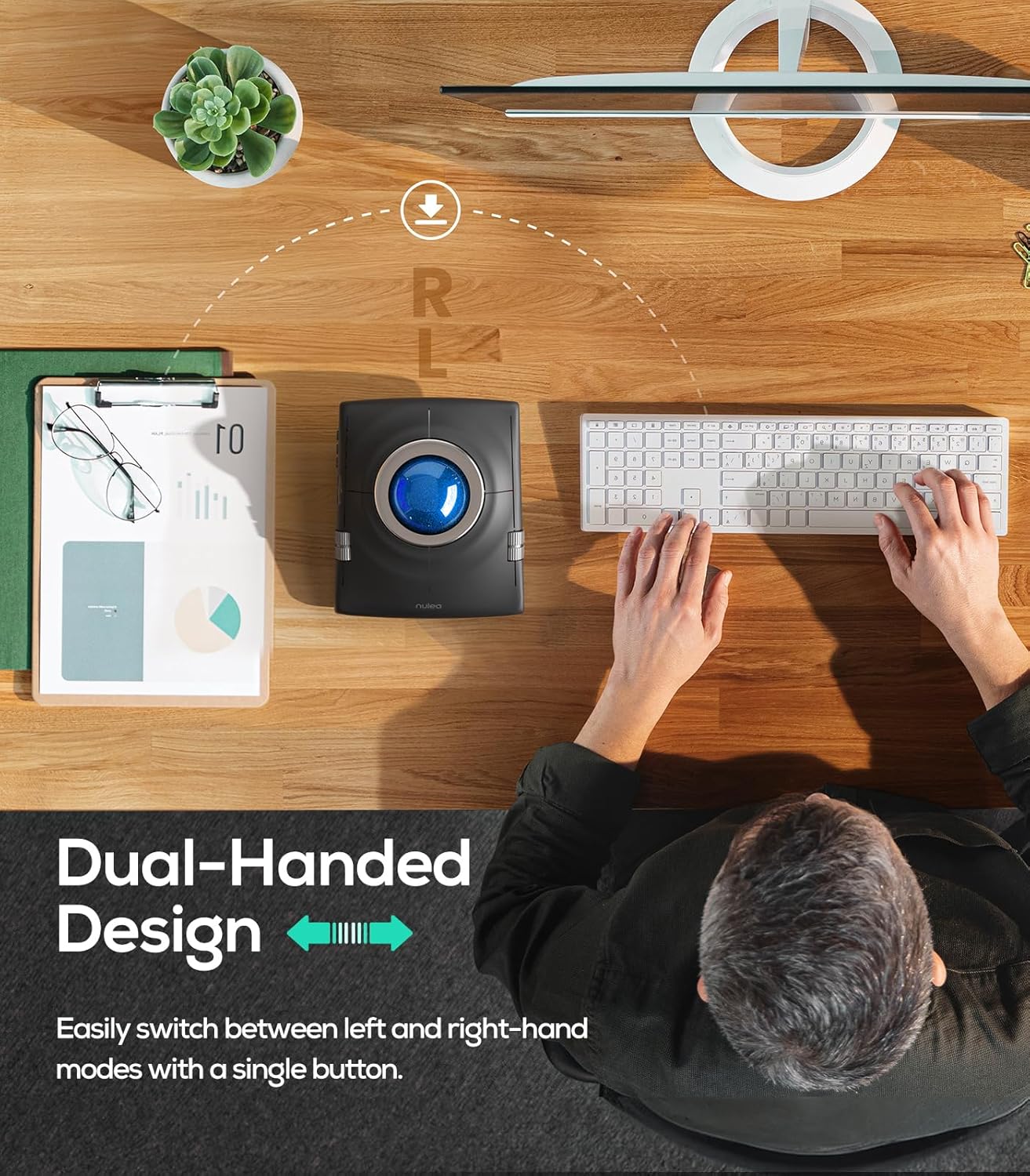 Nulea M512 Trackball Mouse demonstrating dual-handed design for left and right-hand use