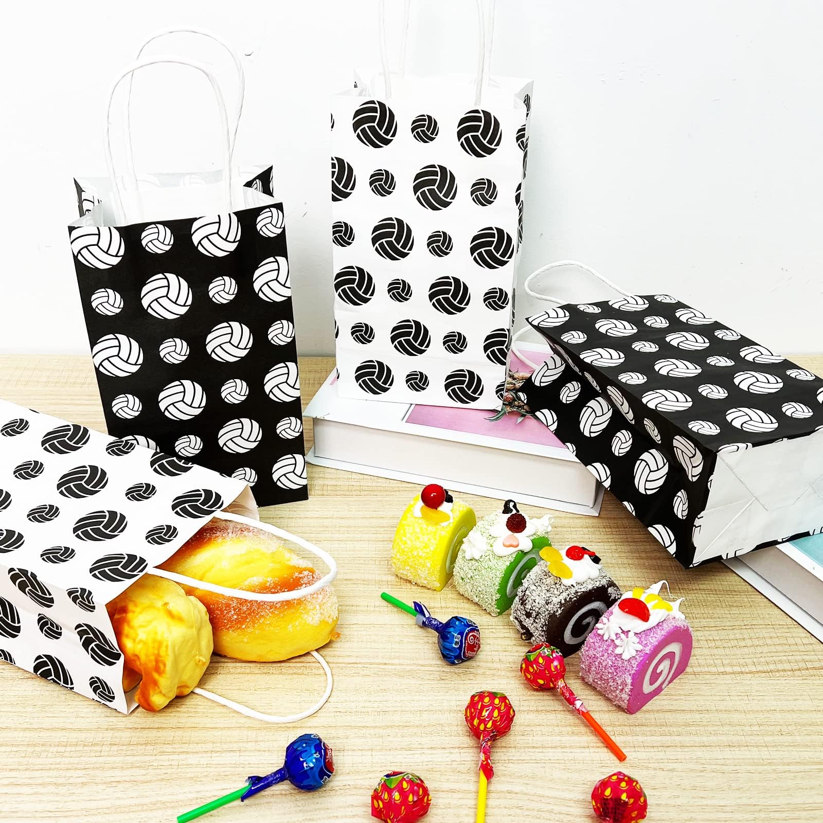 chiazllta 12 Pcs Volleyball Gift Bags for Team Black White Party Favor Paper Snack Goody Treat Bag with Handle Kids Boys Volleyball Kraft Candy Bags for Sport Theme Birthday Party Decorations Supplies