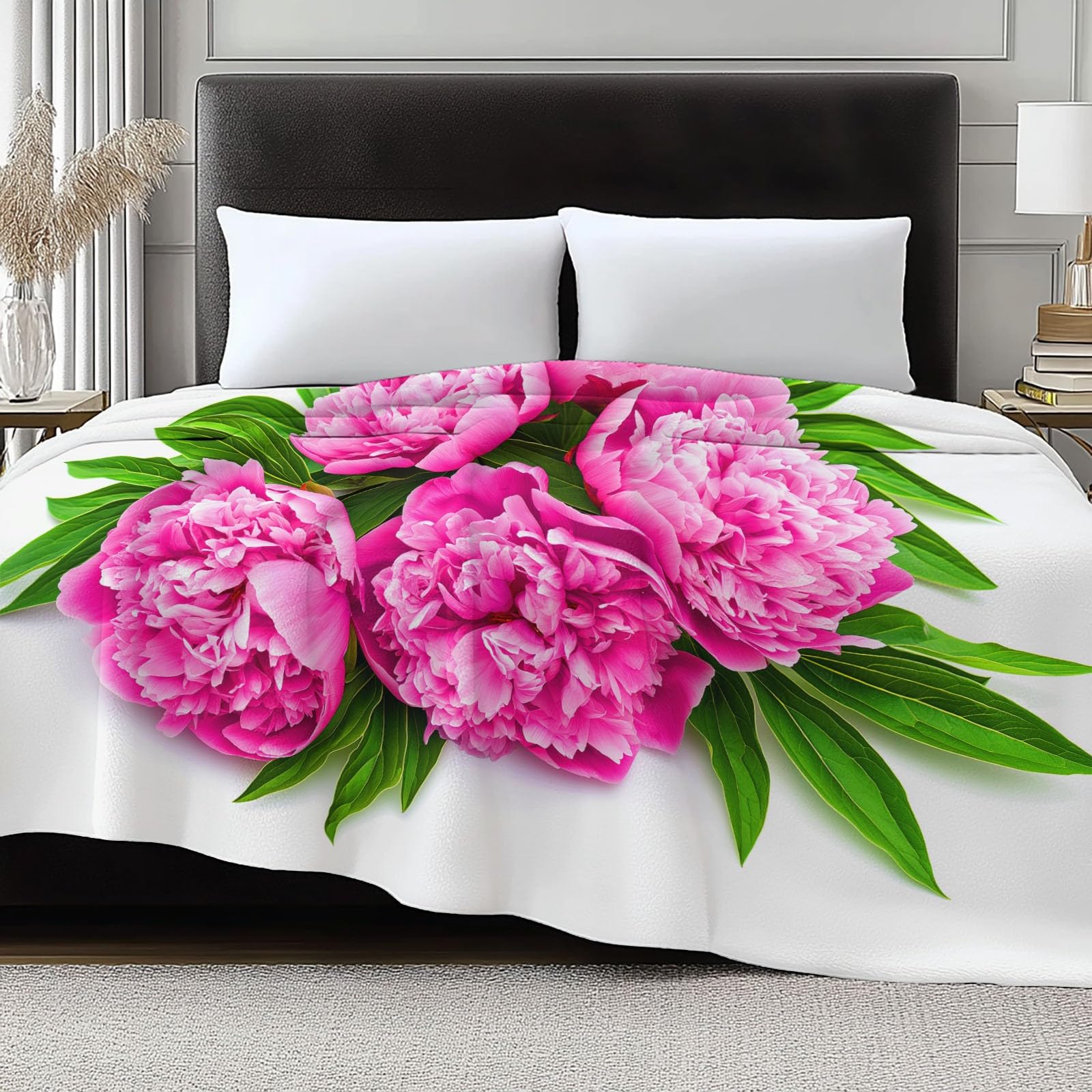 Miękki biały koc sherpa 220 x 240 cm, dla dzieci i dorosłych, akwarela, piwonia, kwiaty, liście, flanelowa pościel, hipoalergiczny, ciepły, nadaje się do prania, na sofę, krzesło, do salonu, 220 x 240