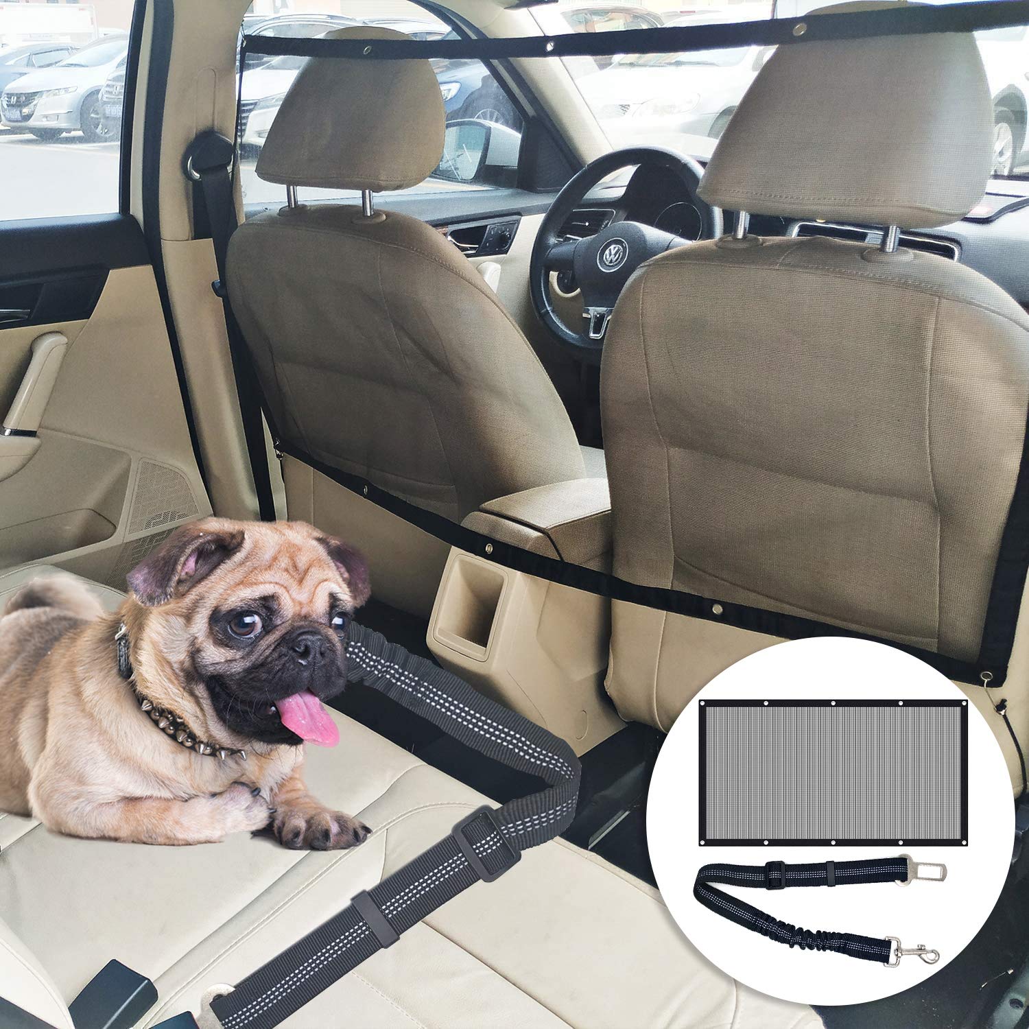 STARROAD-TIM Car Dog Barrier Pet Front Seat Barrier Adjustable Pet Belt Safety Leads Vehicle Seatbelt Harness Car Backseat Barrier Net Organizer Universal Fit (43.323.62in)
