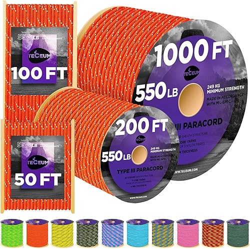 Vista 91 de TECEUM - Cuerda resistente 1000 de 1000 / 200 / 100 / 50 pies, más de 40 colores, cuerda para supervivencia y campamento, cuerda de nailon Patriot
