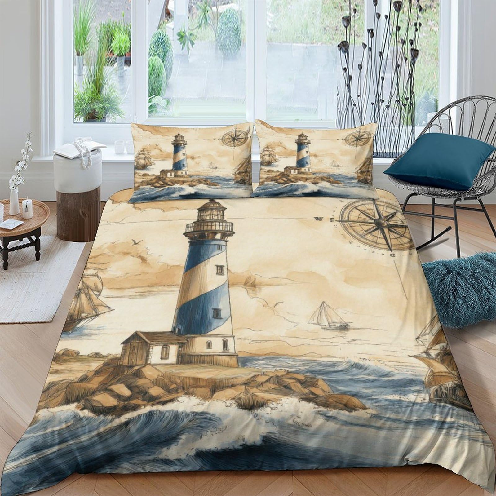 Ctjqhvkz Style-7 3D Printed Lighthouse Ocean Fitted Sheet Microfiber Soft Nautical Compass Bed Cover For Bedroom Guest Room Decor Single（135X200cm）