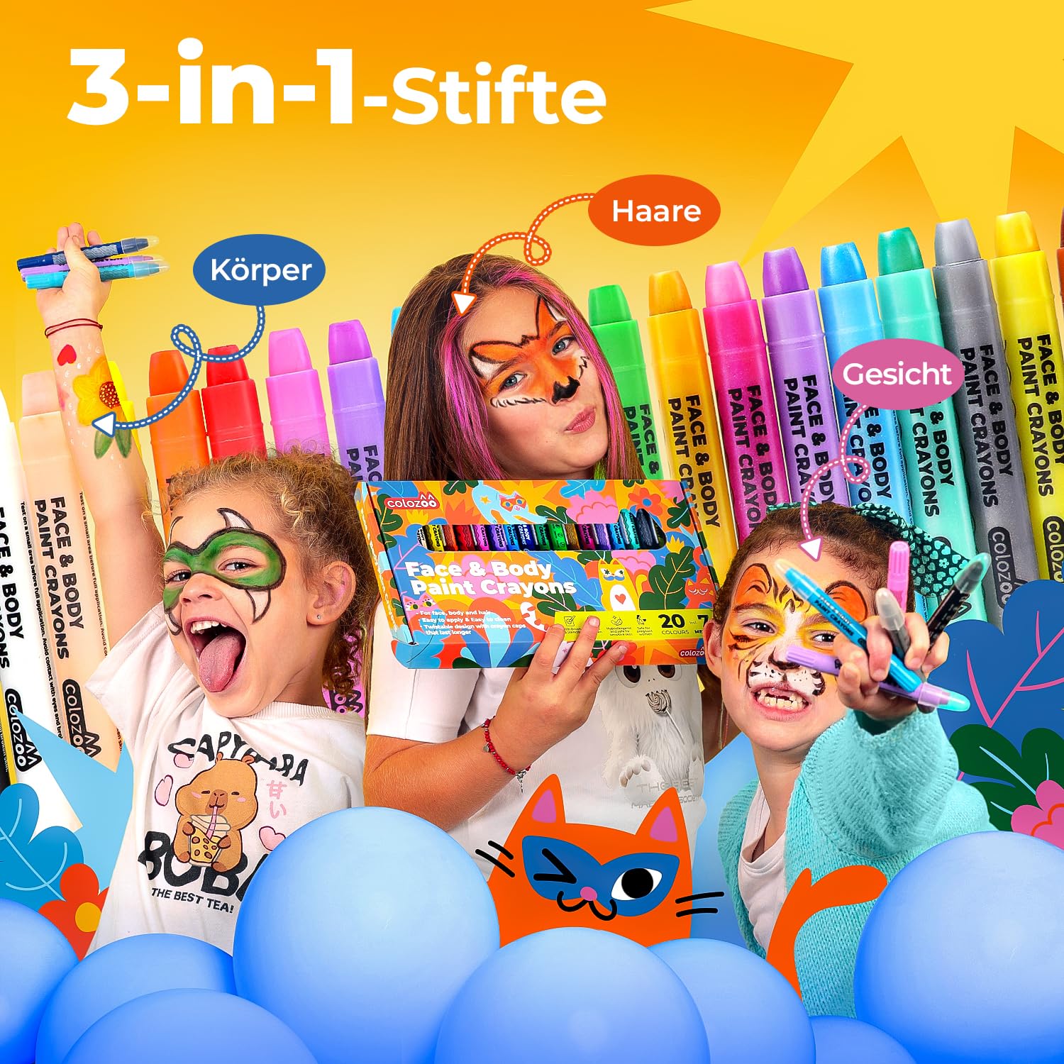 colozoo Fingerfarben & Schminkstifte Set für Kinder | 48-teiliges XXL Kreativset Ungiftig & Vegan | Kindergeburtstag & Fasching Malset