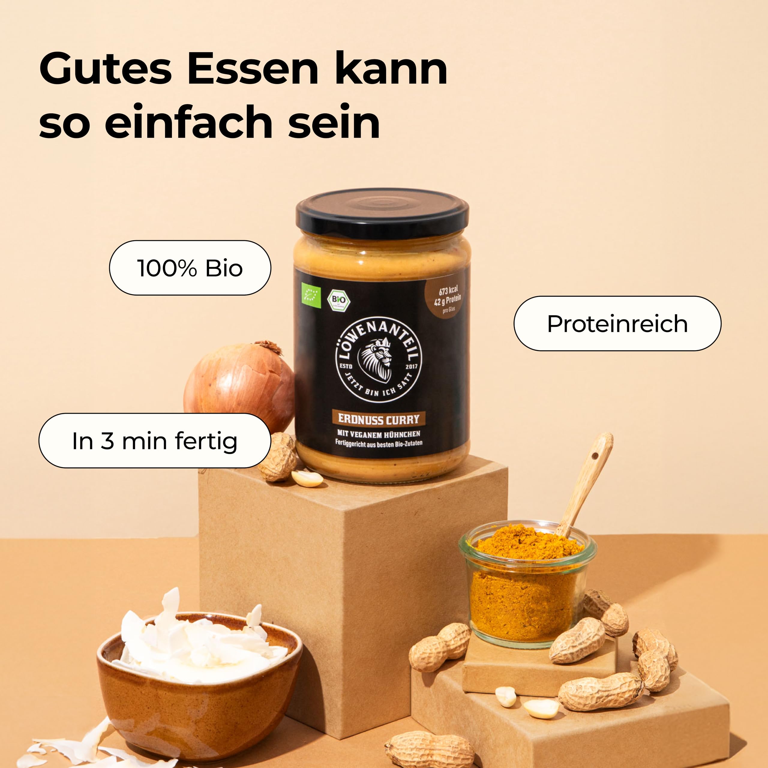 Löwenanteil - 100% Bio-ERDNUSS CURRY - 570g Glas - Proteinreiches Bio-Fertiggericht mit veganen Hühnchen & cremiger Erdnussbutter - Eintopf ohne Zuckerzusatz & Glutenfrei