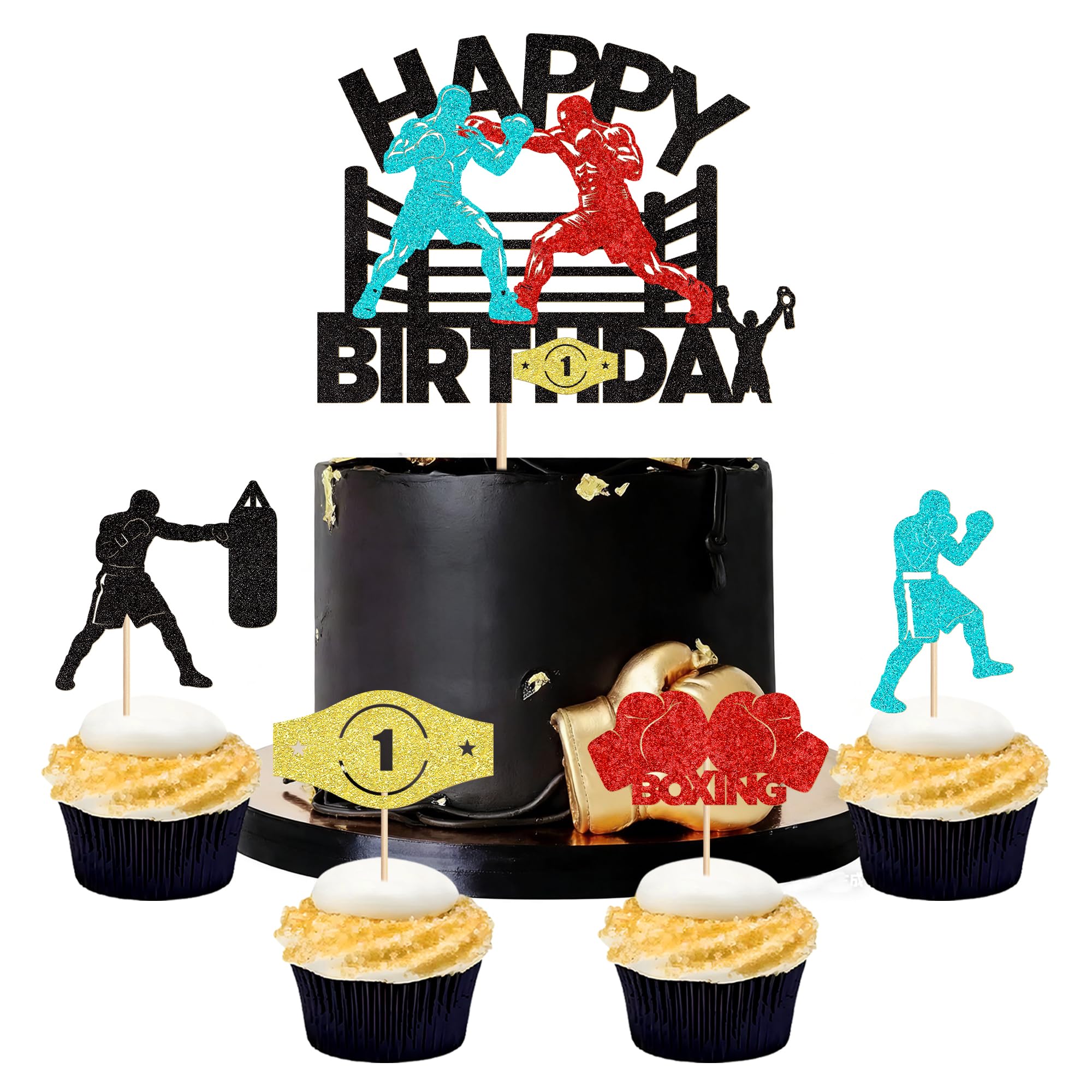 Pack of 25 Boxes Birthday Cake Toppers Multicoloured Glitter Boxer Figures Picks for Men, Boxer Champions Birthday Party Cake Decoration, Boxing Club Cupcake Decoration — image 1